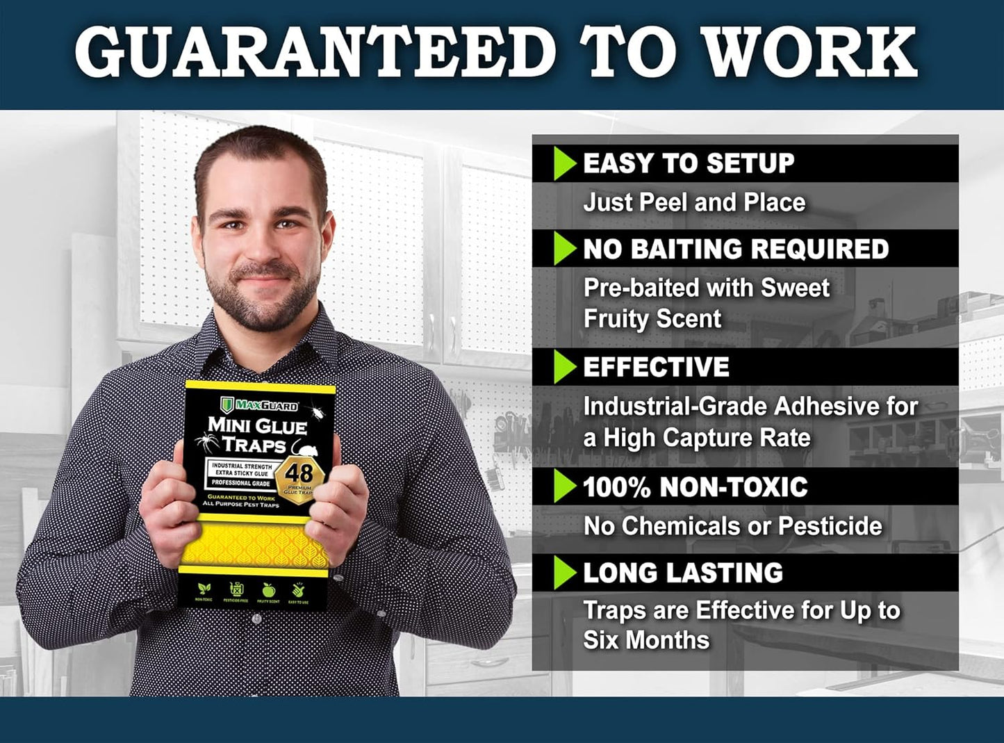 MaxGuard Mini Glue Traps (48 Traps) Non-Toxic Extra Sticky Glue Board Pre-Baited with Fruity Scent Attractant Trap & Kill Insects, Bugs, Spiders, Crickets, Scorpions, Cockroaches, Centipedes, Mice