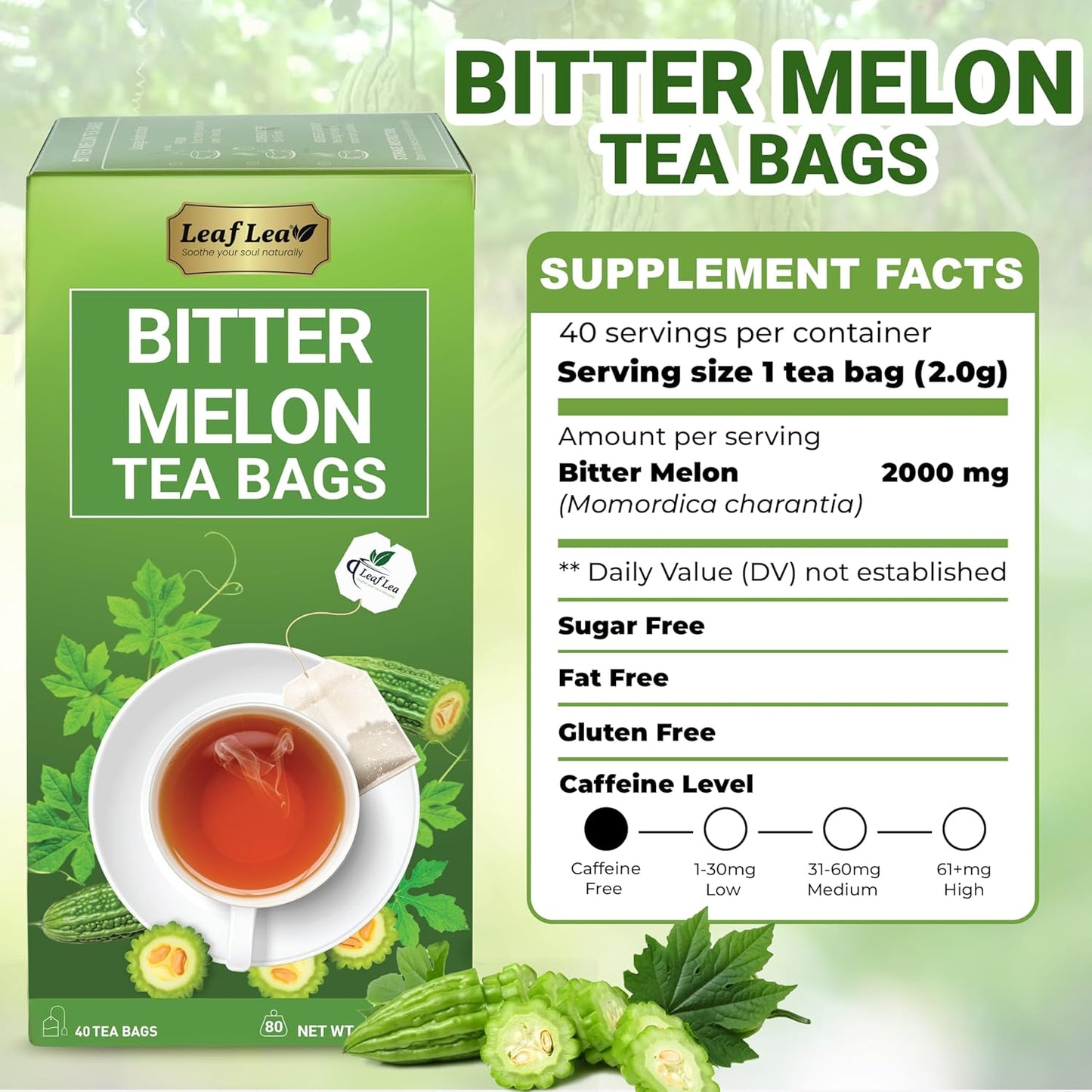 LeafLea 120 Bitter Melon Tea Bags, 100% Pure Bitter Melon Fruit. Supports Wellness and Digestion | Caffeine-Free, Sugar-Free, Vegan, Pack of 3