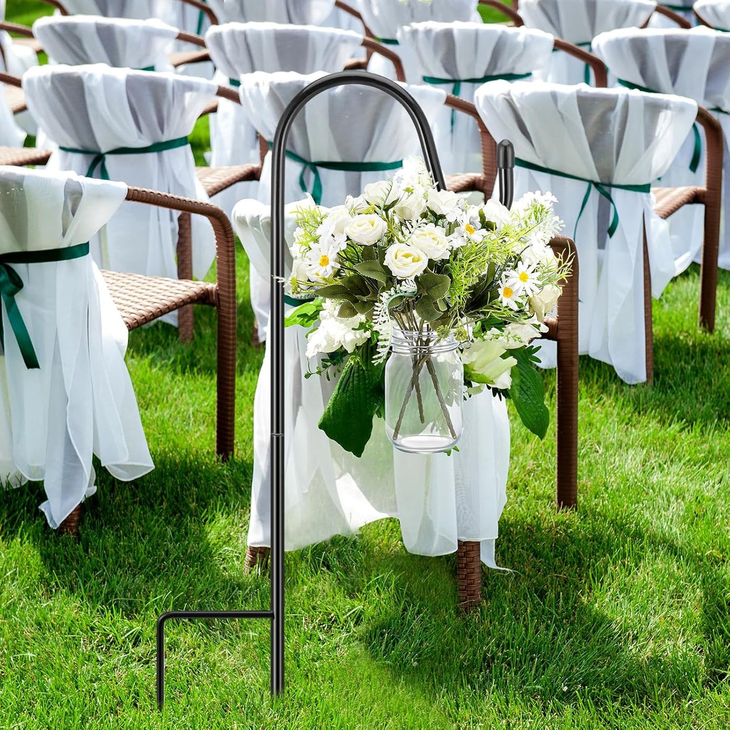 8 Sets Wedding Aisle Decoration Include 16 oz Rose Daisy Hanging Mason Jar 32" Shepherds Hooks Rustic Mason Jar with Faux Rose and Daisy for Outdoor Wedding Isle Ceremony Decorations