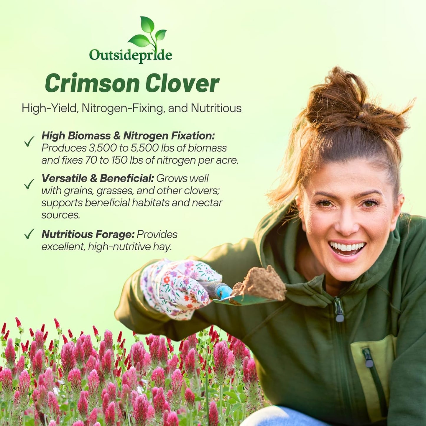 Outsidepride Crimson Clover Seeds - 5 lbs. Annual, Nitrocoated, & Inoculated Ground Cover Seeds, Ideal Clover Seed for Lawn, Cover Crop, Pasture, Hay, Green Manure & Wildlife Forage