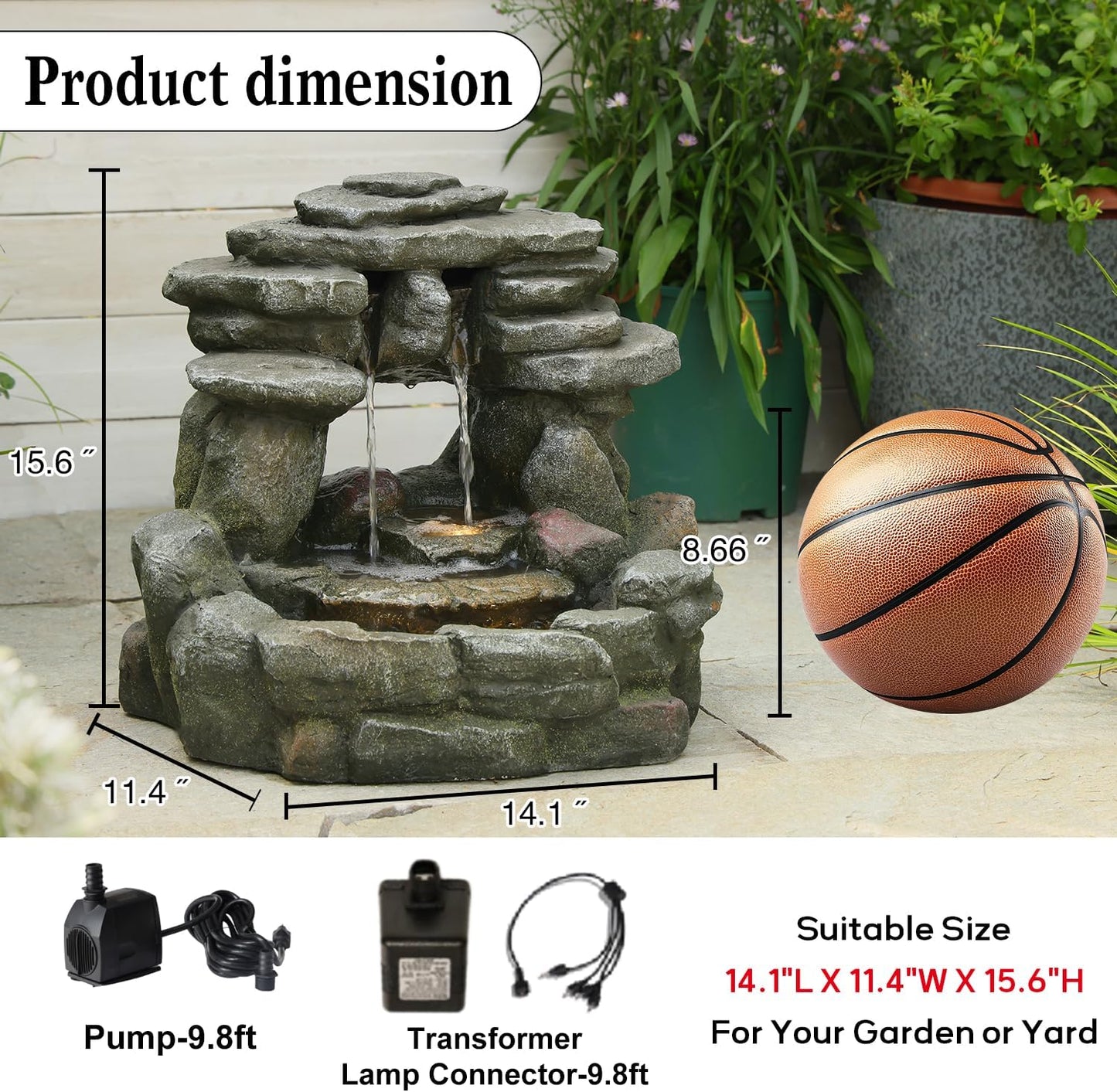 15.6''H Small Rock Water Fountain Outdoor&Indoor, 3-Tier Garden Waterfall with Warm Lights and 2 Flows for Patio, Backyard, Deck, Porch, Home DéCor, Stone Gray