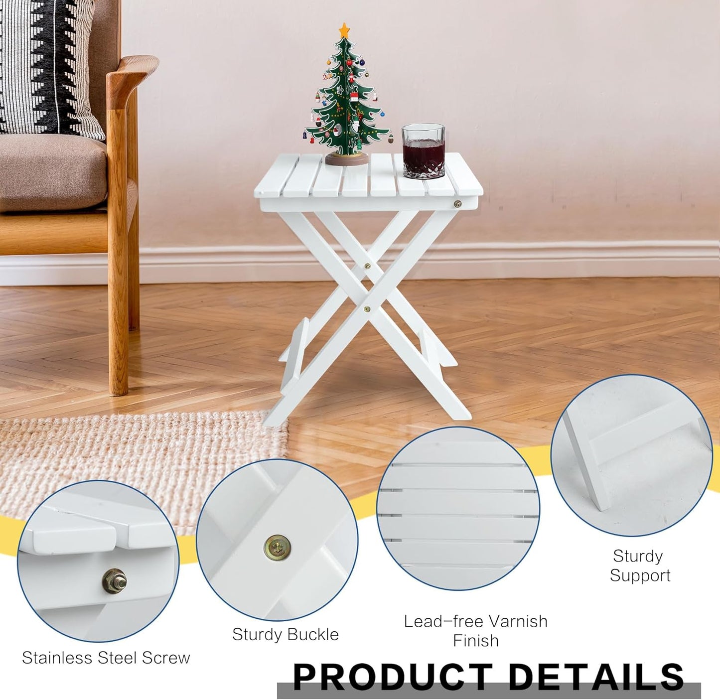 Outdoor Patio Side Table Small Wood End Square Table Folding Coffee Furniture for Living Room, Bedroom, Plant Stand, Camping Portable White