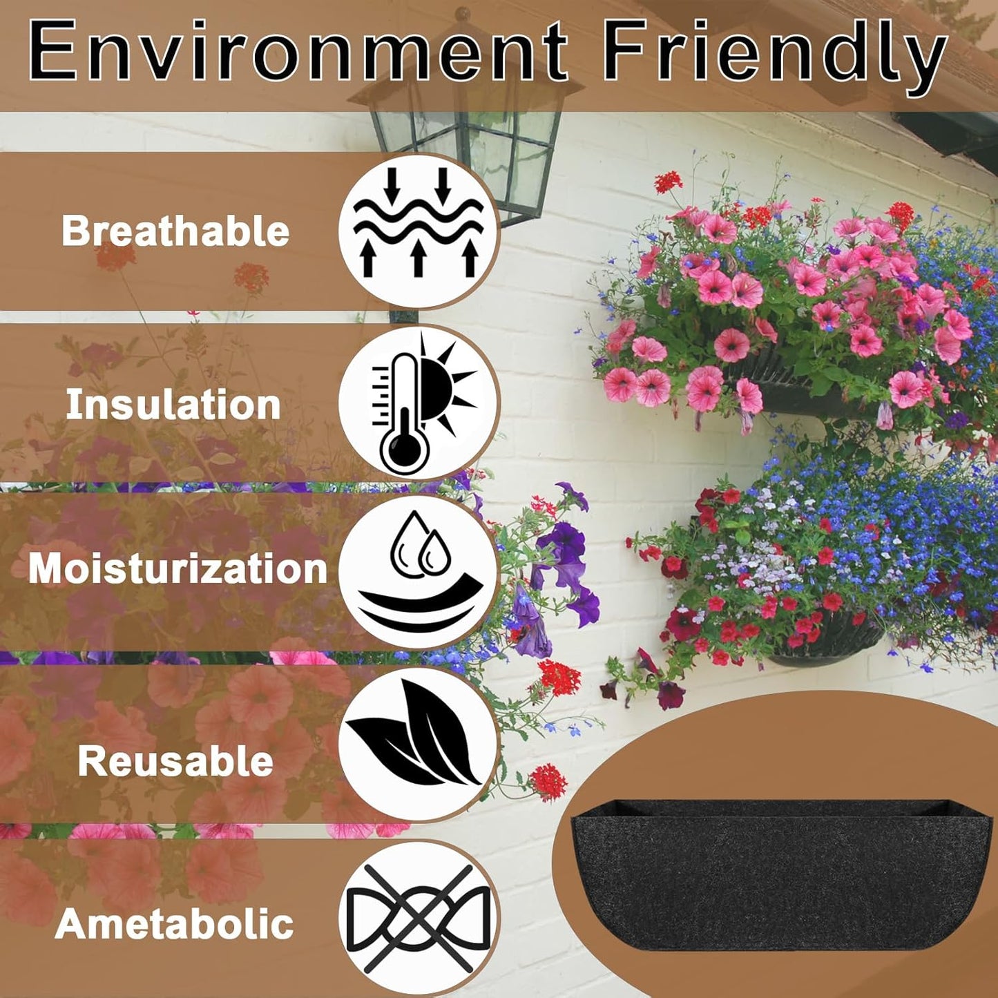 1-Pack 24in Planter Liners - Breathable Felt Hanging Basket and Window Box Liners - Prevent Root Suffocation and Bird Damage - Black