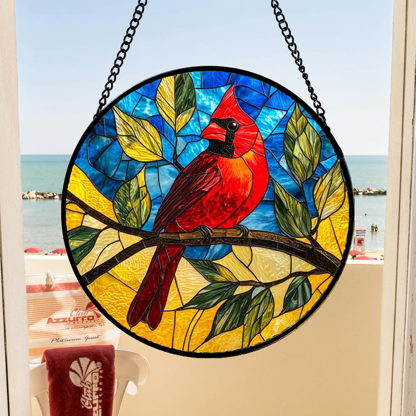Stained Glass Window Hanging, Blue Sky Cardinal Sun Catchers Colorful Glass Panel Red Birds Suncatcher Decor for Birthday for Women, Men, Wife, Aunt, and Mom 14.9x14.9 in