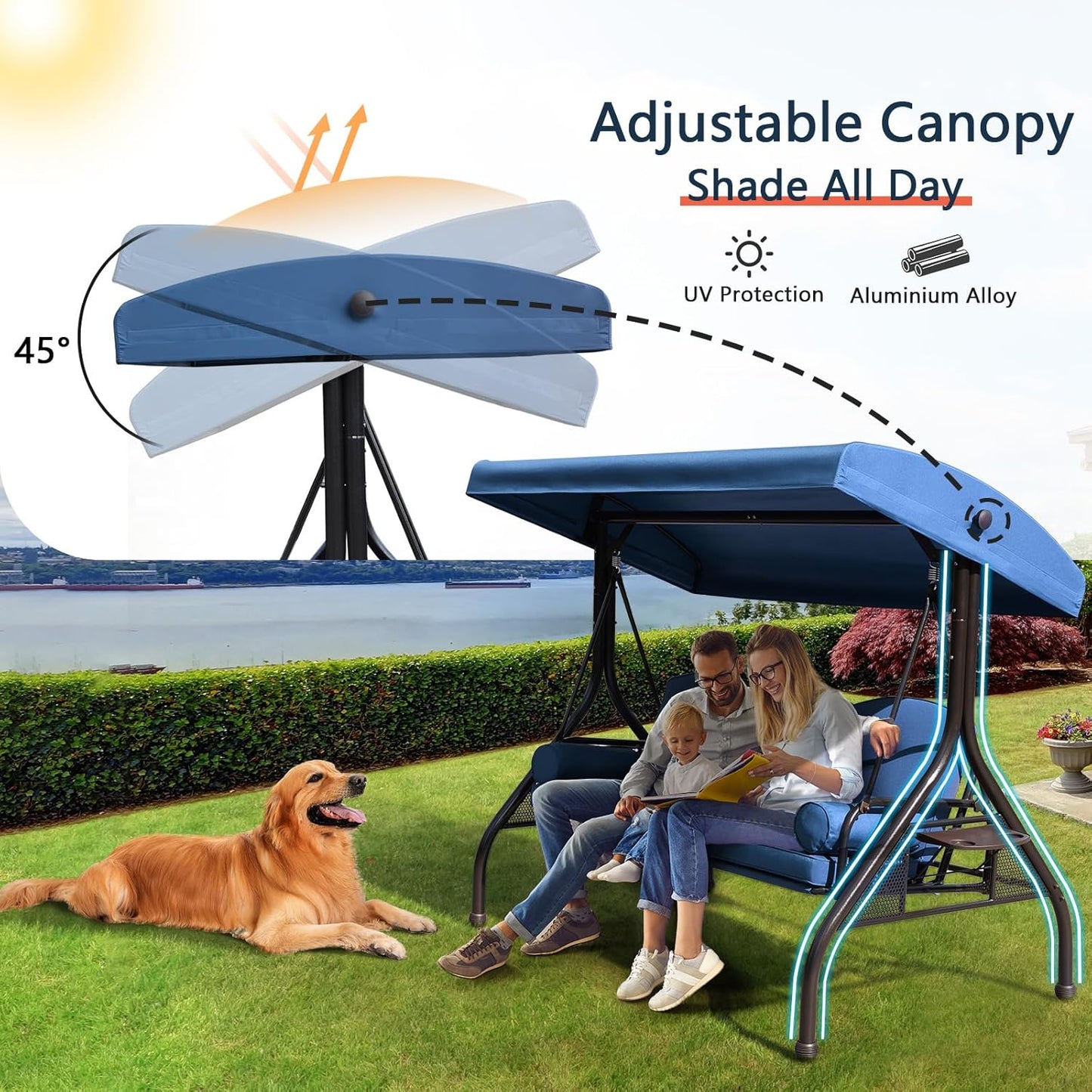 NOBLEMOOD Patio Porch Swing, 3-Seat Outdoor Swing with Adjustable Canopy, Waterproof Fabric Cushion, Pillow and Foldable Side Tray for Patio, Backyard, Porch Swing Bed for Spring