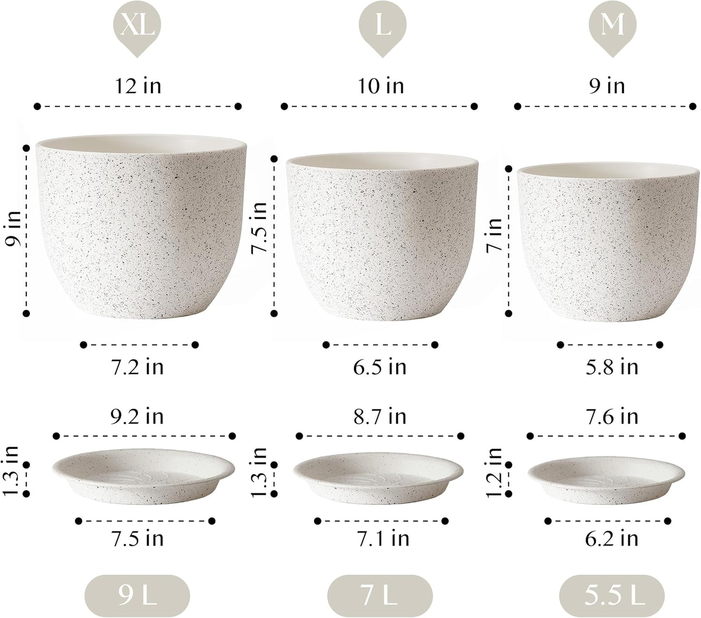 Giraffe Creation 12/10/9 Set of 3 Speckled White Plant Pots, Modern Indoor & Outdoor Planters with Drainage Holes and Saucers
