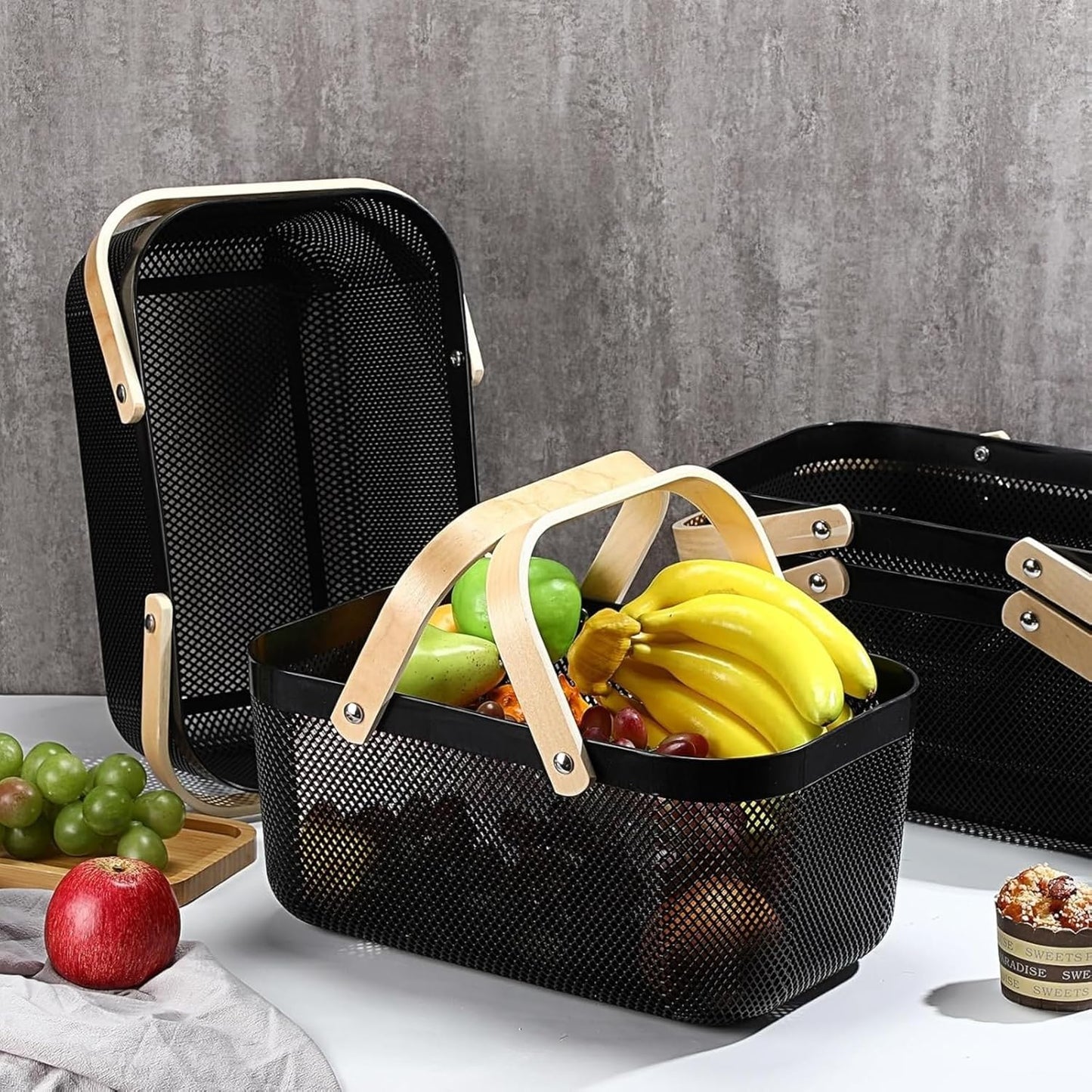 3pcs plastic harvest baskets, foldable wooden handles, rectangular garden storage baskets, for picking and collecting vegetables and fruits in the garden cabinet (Black)