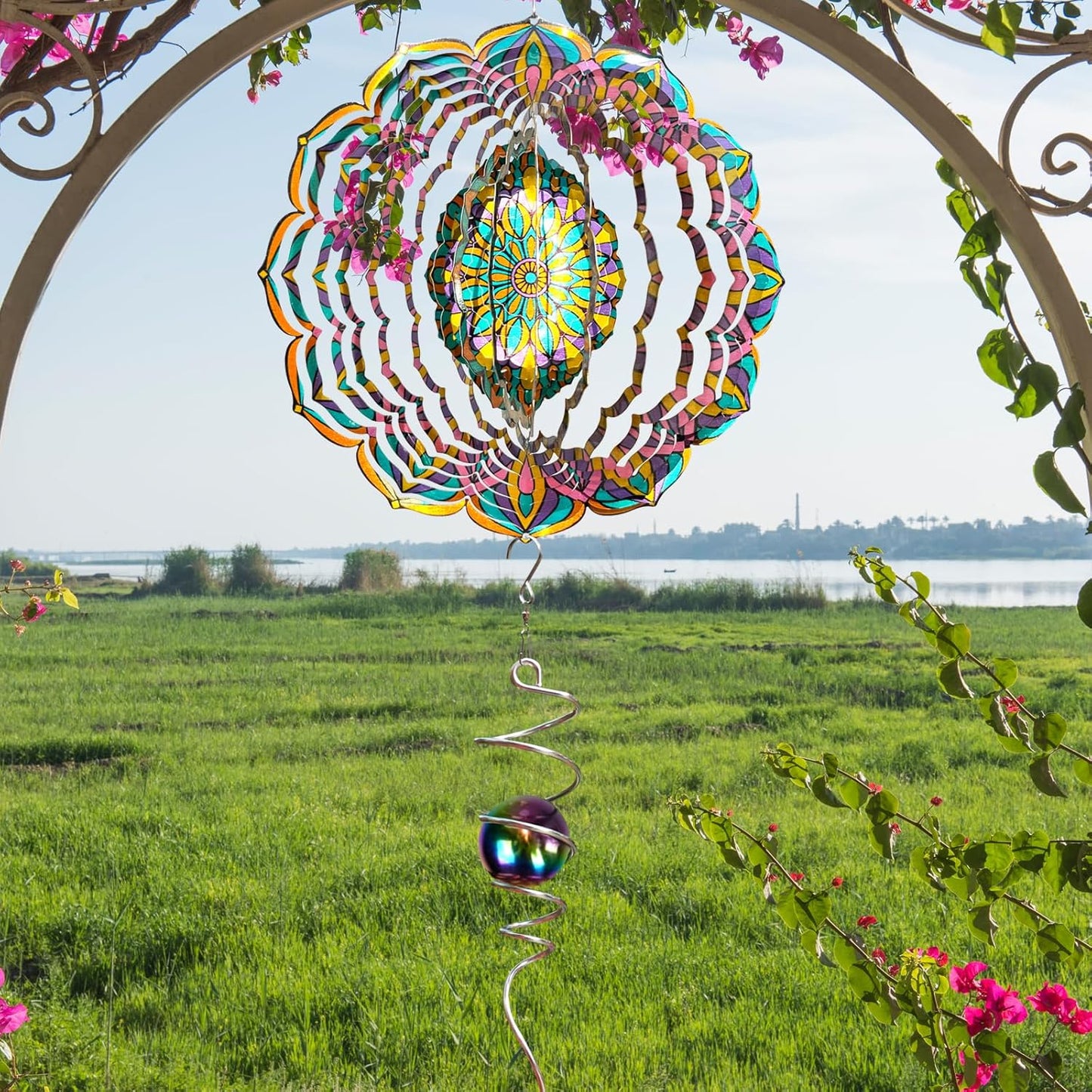 Mandala Wind Spinner - Purple Tulip Design | 12 Inch Stainless Steel Hanging Wind Sculpture & Catcher, 3D Kinetic Yard Art Garden Decor for Indoor & Outdoor | Meaningful Gift Idea