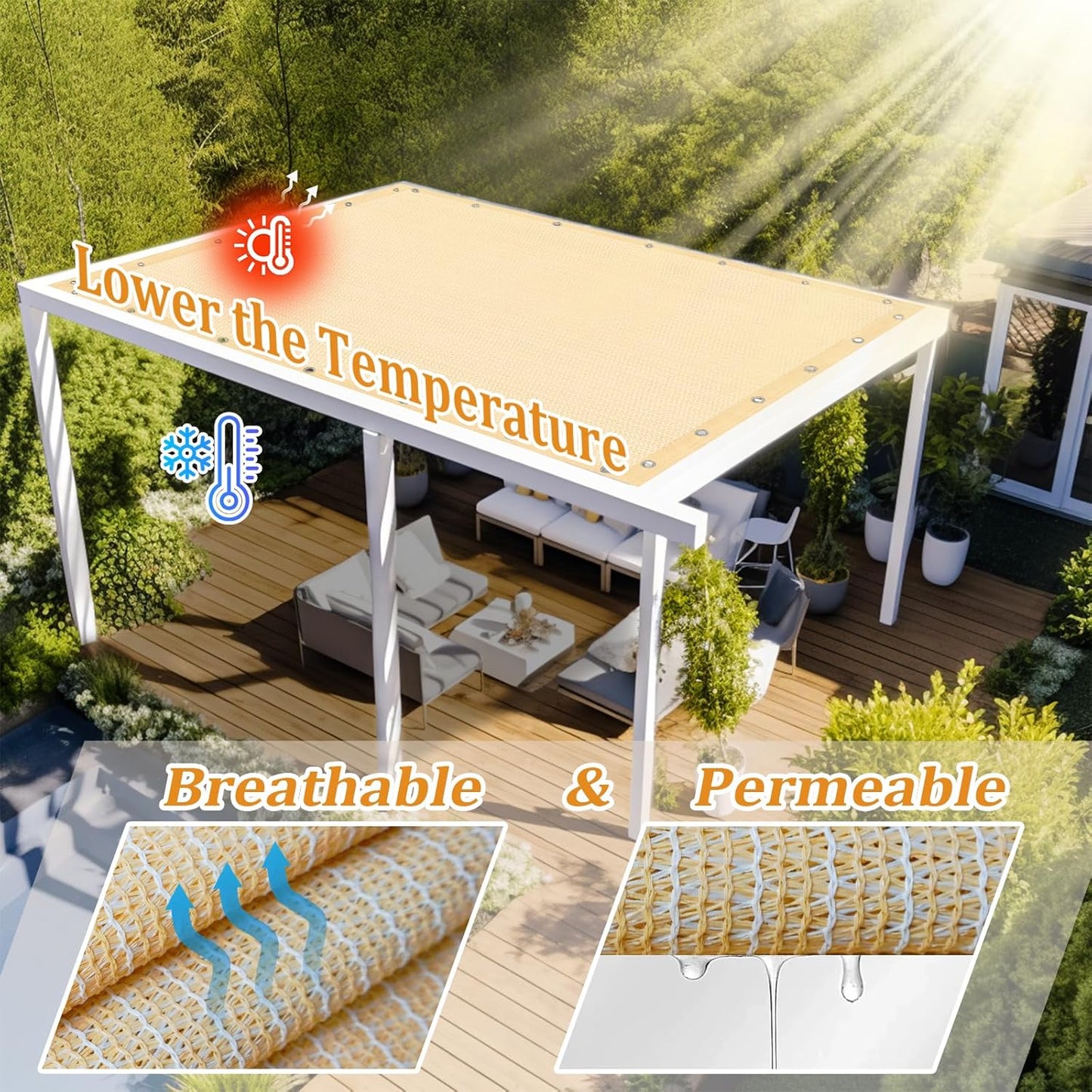Shade&Beyond Customized Size 90% Sun Shade Cloth with Grommets, 4' X 18' Pergola Shade Cover Canopy, Mesh Tarp Sun Screens for Patio, Outdoor, Garden, Backyard GN01, Wheat