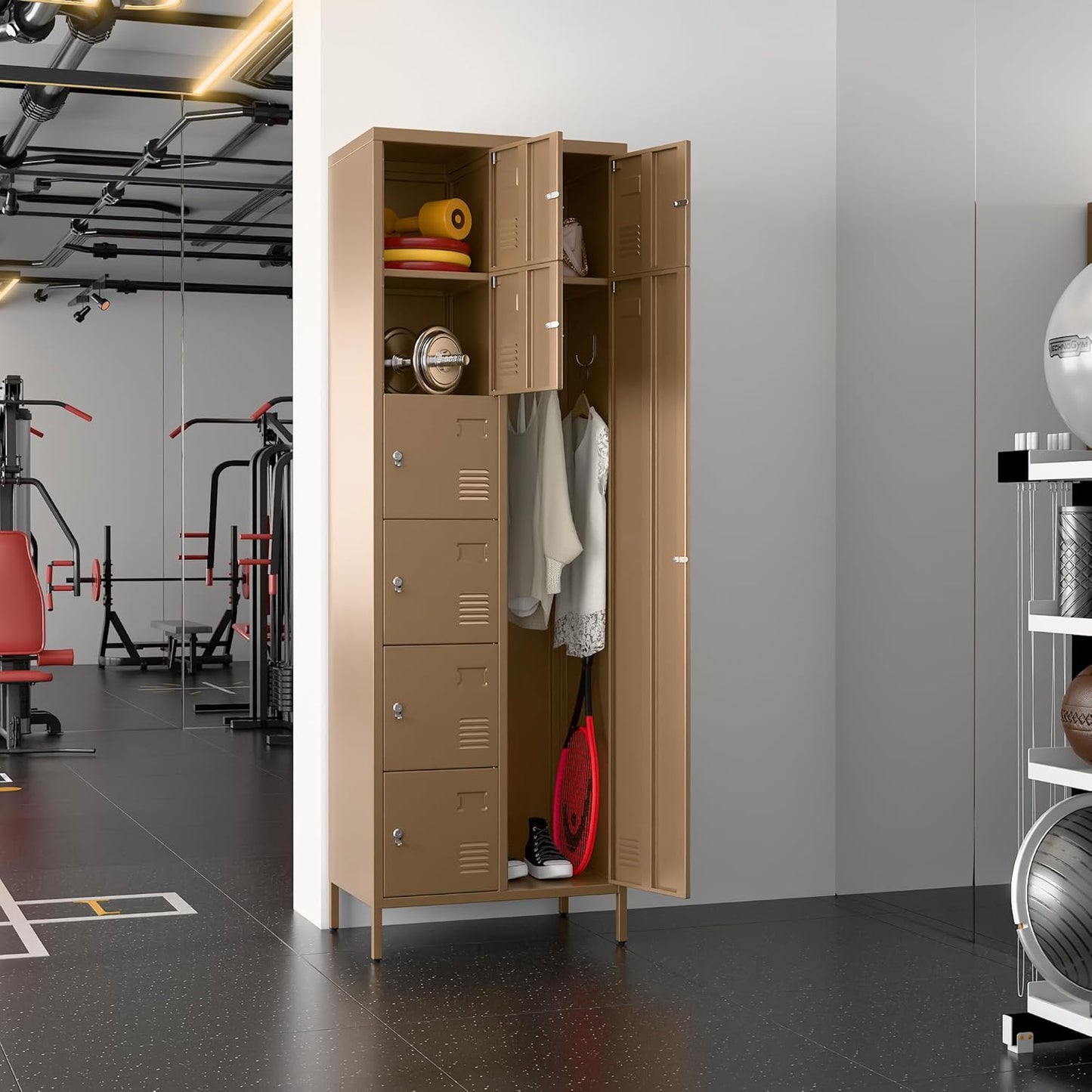 72" H Metal Storage Lockers with Doors and Rod,Industrial Combination Employee Lockers for Office,Home Gym,School,Assembly Required,7+1Doors,Coffee