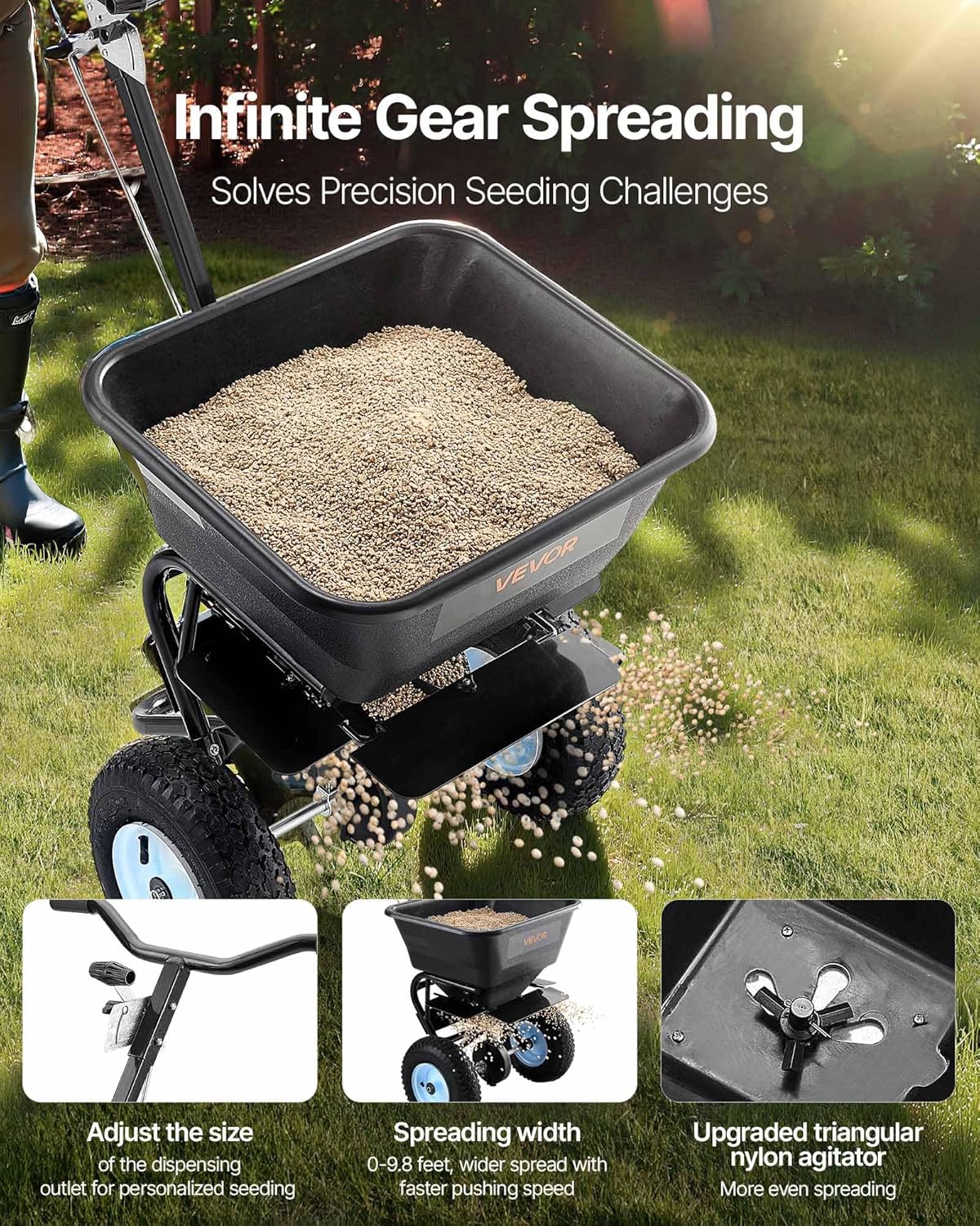 VEVOR Broadcast Spreader, 100LBS4Capacity, Walk-Behind Push Spreader, 0-9.8ft Spreading Width, 13 in All Terrain Pneumatic Tires, Lawn Spreaders with Hopper Grate, for Seed, Fertilizer, Salt, Ice Melt