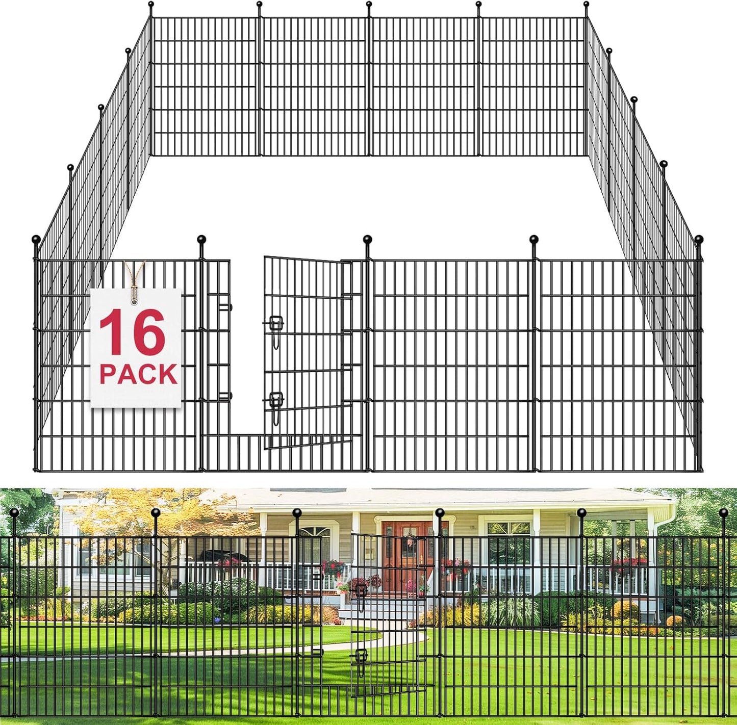 16 Panels Decorative Garden Fence, 32in(H) X 34.7ft(L) No Dig Animal Barrier Fencing, Rustproof Metal Garden Fence Panels with Gate, Dog Fence Outdoor for Yard