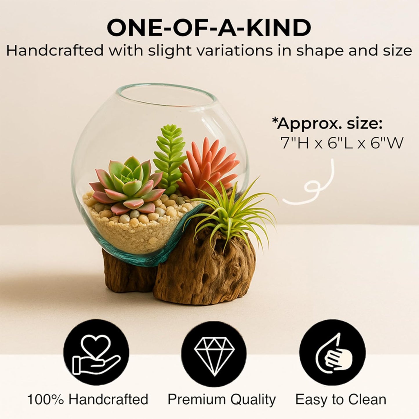 Cape Craftsmen 7" H Hand-Blown Blue Tinted Bubble Glass On Natural Teak Driftwood Terrarium | Home Décor Indoor Planter with Stand | Pot for Succulent and Plants