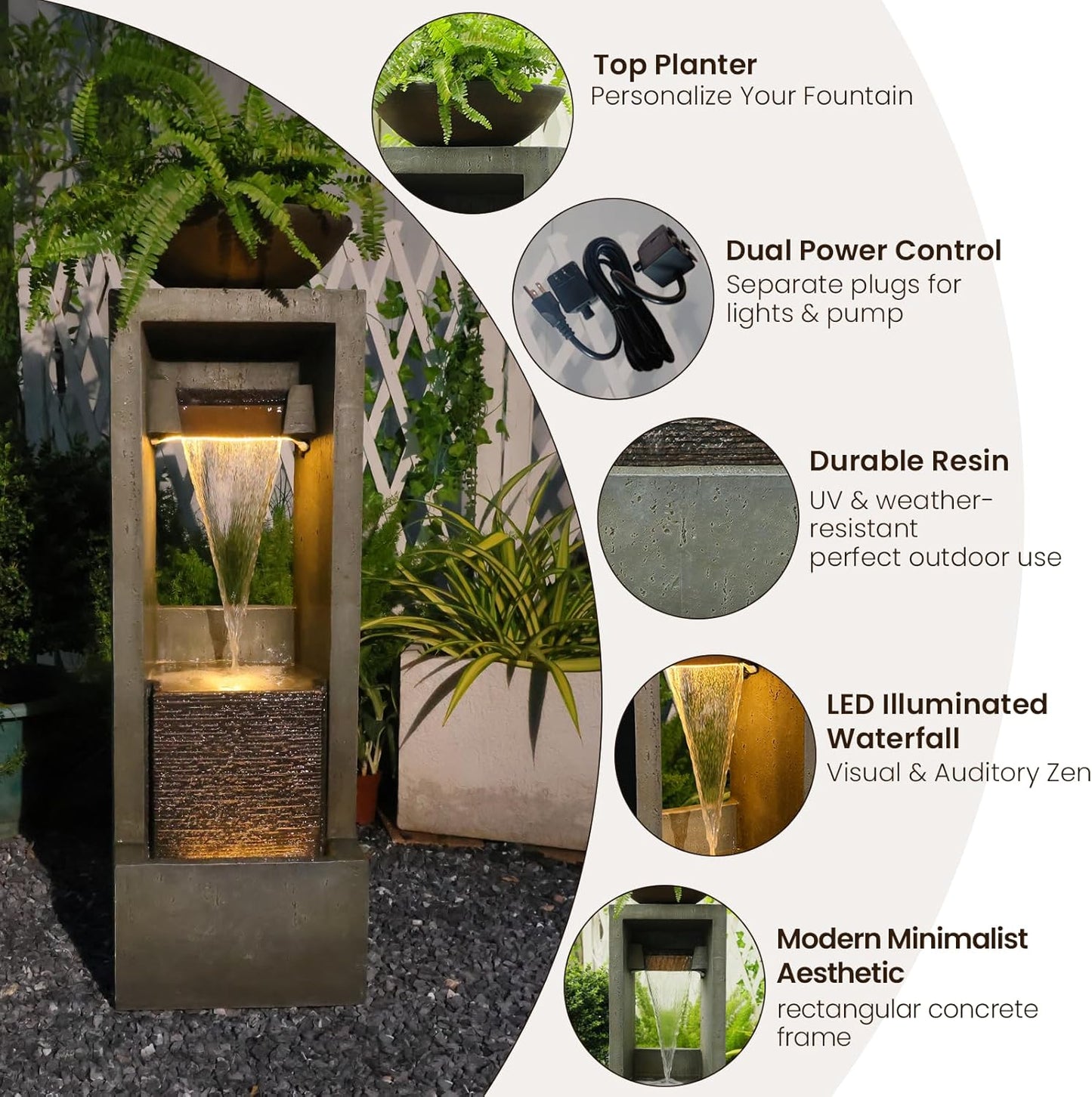 Outdoor Water Fountain Jar Water Feature for Garden Floor Standing Fountains Resin Cascading Waterfall with Pump and Lights for Patio Yard Deck Home Decor, 41 inches Tall