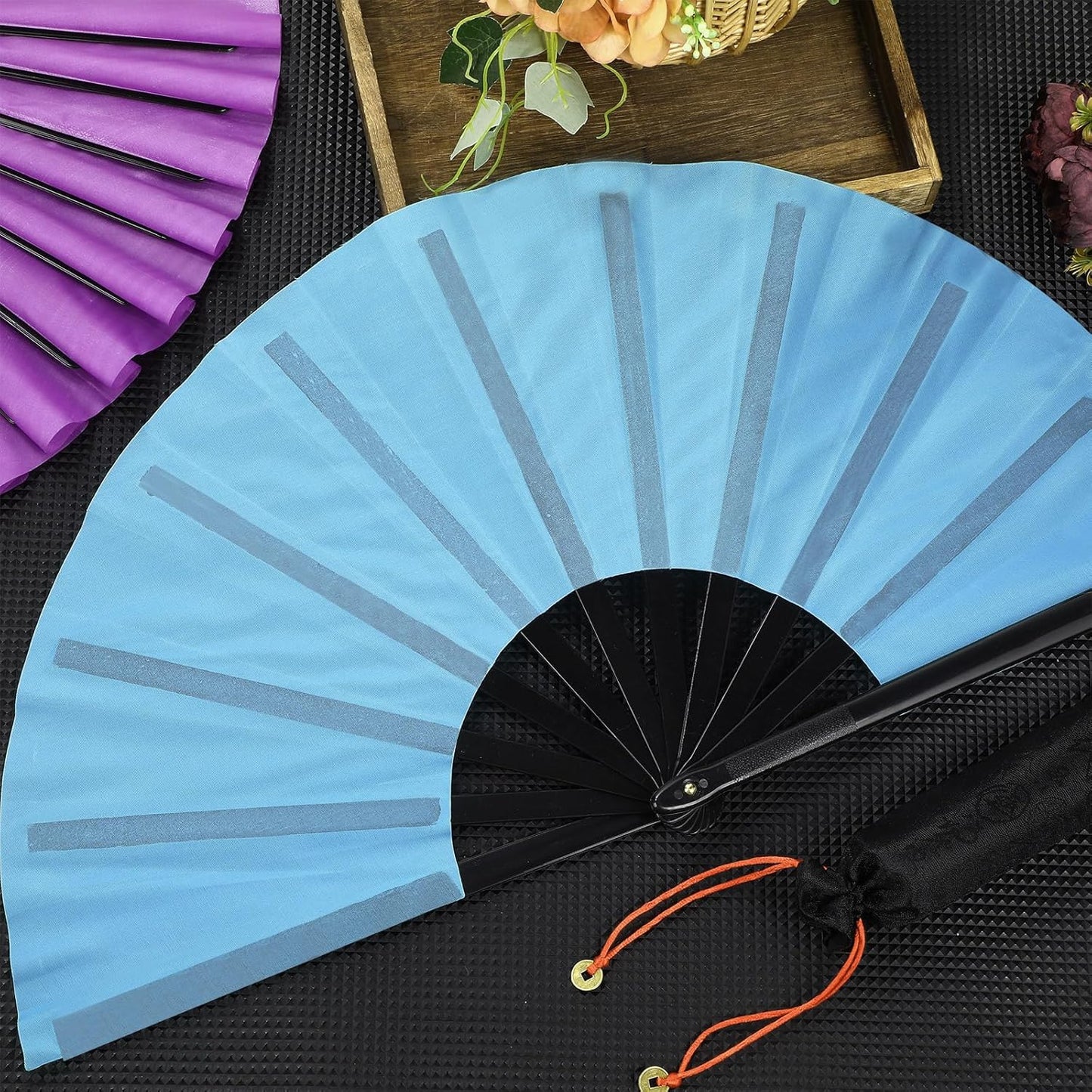 Maitys 2 Packs Large Clap Fans for Line Dancing Large Chinese Folding Hand Fans for Men and Women, Festival, Tai Ji, Kungfu, Martial Art, Gifts (Purple and Light Blue)