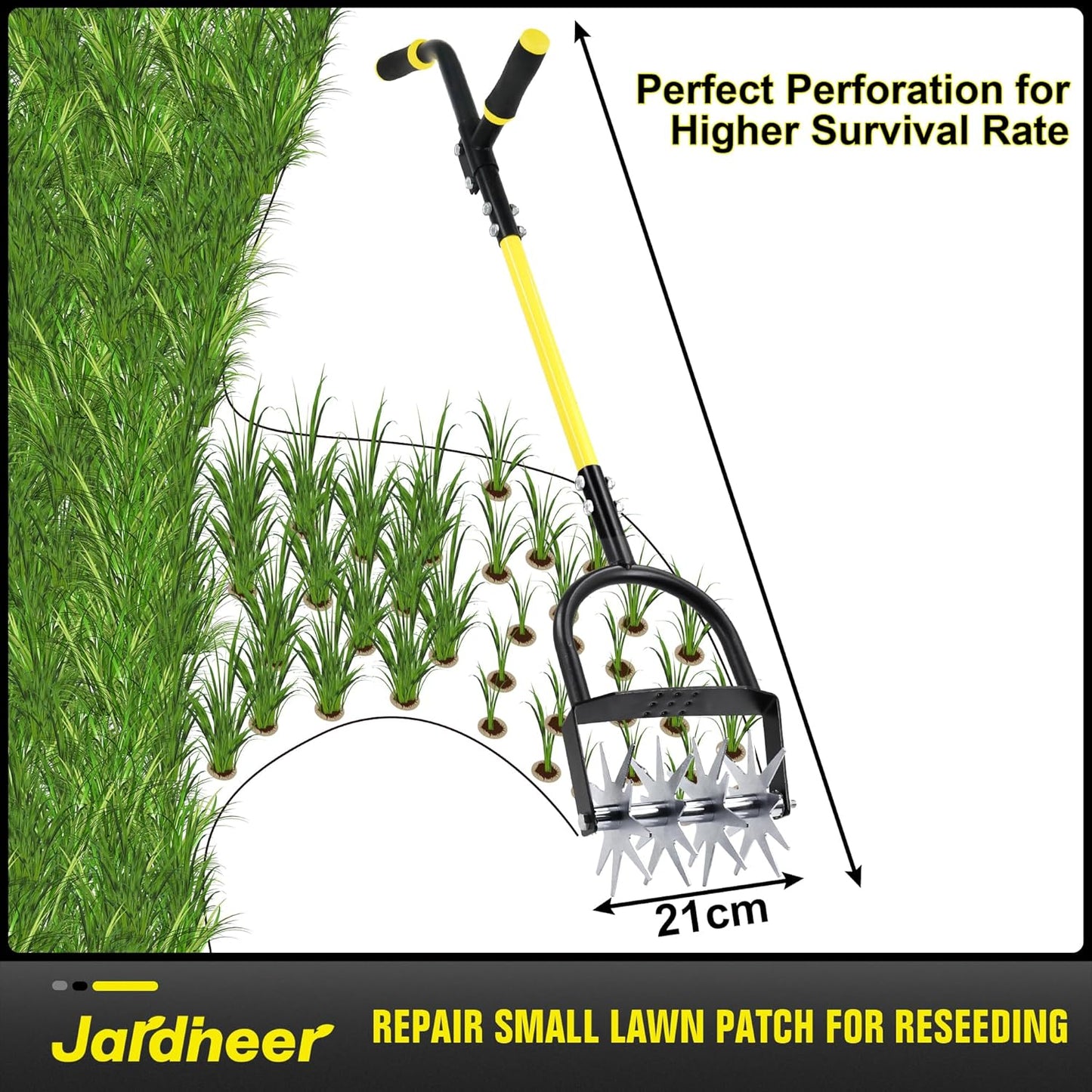 Jardineer Rotary Cultivator for Gardening, Long Handle Garden Cultivator for Soil Mixing, Reseeding, Lawn Aerating, Hand Tiller with Auxiliary Handle Suitable for Women and The Elderly