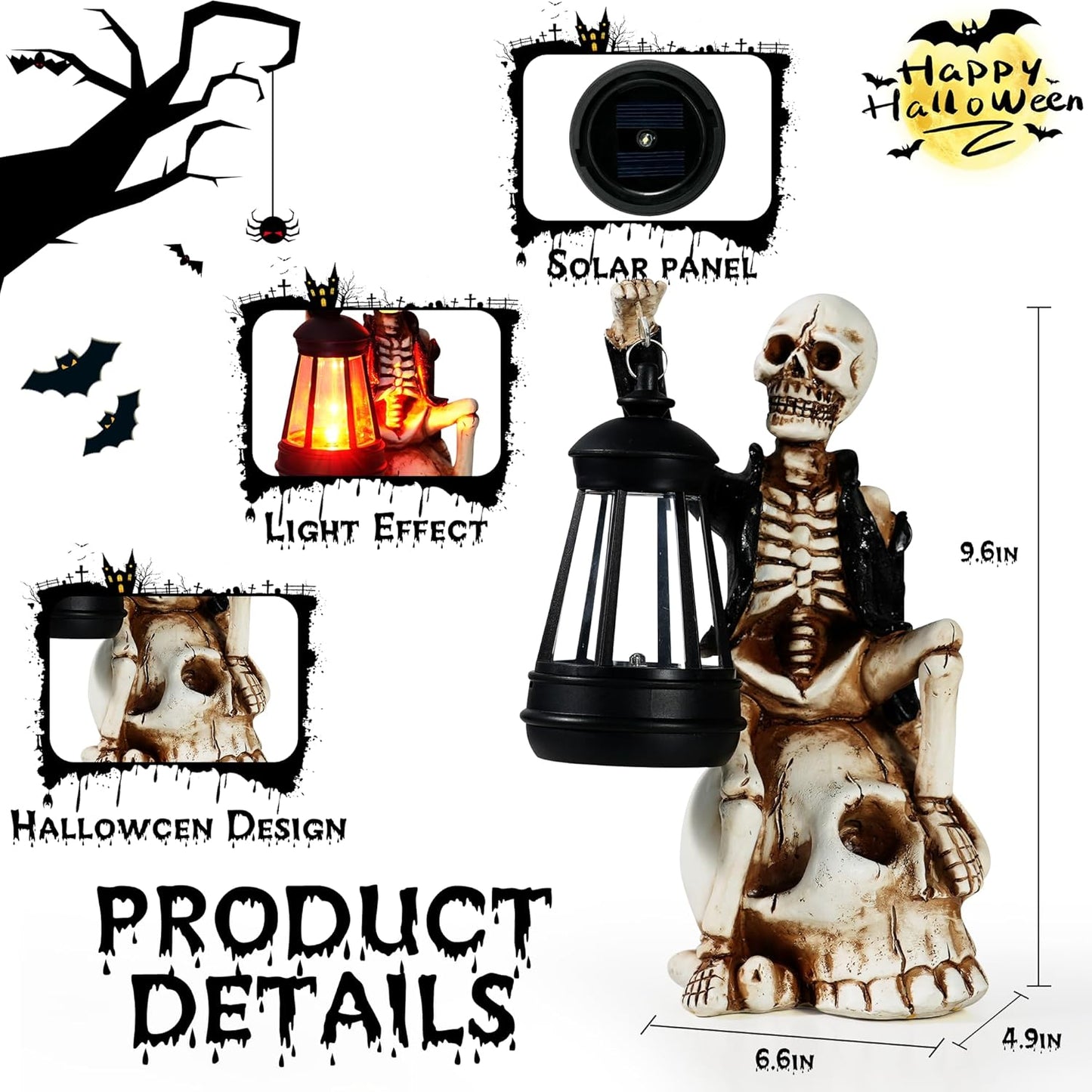 2025 Solar Halloween Decorations Outdoor,Skeleton Figurine Halloween Table Decoration for Outdoor,Skull Statue with Red LED Lantern,Skull Decor for Patio Lawn Yard Balcony Garden Home