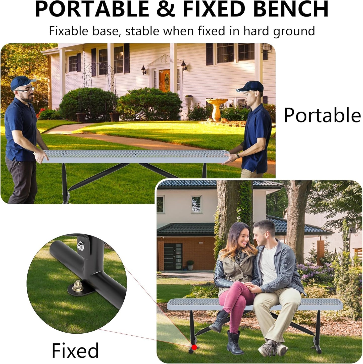 6 Feet Heavy Duty Metal Park Bench for Outside, Outdoor Bench with Portable Frame, Commercial Benches for Shopping Mall, Store, Park, Patio, Deck, Grey