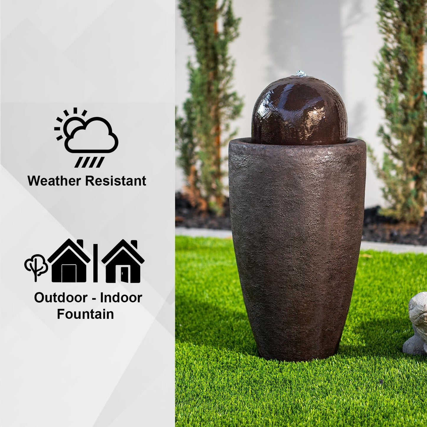 XBrand 25.98" H Round Stone Indoor/Outdoor Modern Stone Textured Sphere Water Fountain w/LED Lights, Brown