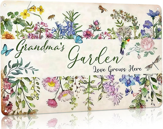 Bestylez Gardening Gifts Vintage Gardening Signs Grandma‘s Garden Love Grows Here Tin Sign for Home Garden Greenhouse Living Room Bedroom Yard Cottage Outdoor Decor 8X12 Inch (3356)