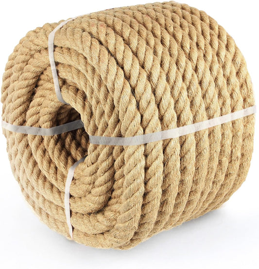 Vanhench Natural Jute Rope Heavy Duty, 1IN x 50 Feet Thick Sisal/Hemp Nautical Rope for Climbing/Tug of War/Swing, Team Building Games for Carnival Party, Bundling, Crafts (Brown)