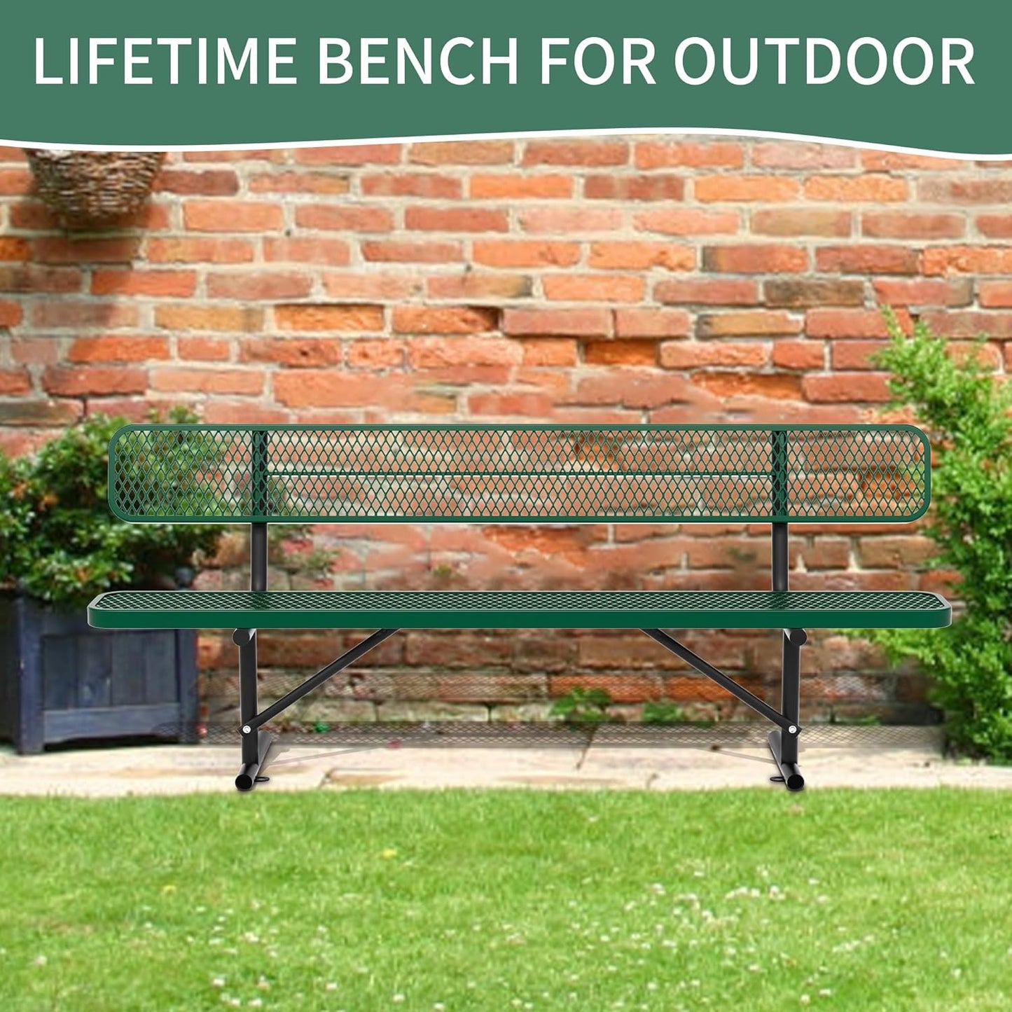 8 Feet Heavy Duty Metal Park Bench for Outside, Outdoor Bench with Backrest & Portable Frame, Commercial Benches for Shopping Malls, Stores, Parks, Patios, Decks, Green