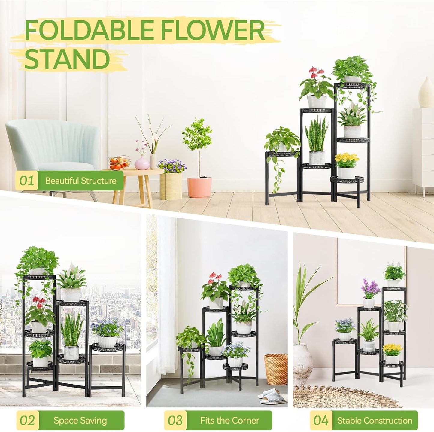 iDavosic.ly Plant Stand Indoor Outdoor, 6 Tier Corner Metal Flower Display Holder Shelf, Folding Tall Orchid Rack for Patio Balcony Porch Garden Living Room House, Wrought Iron - Modern Black
