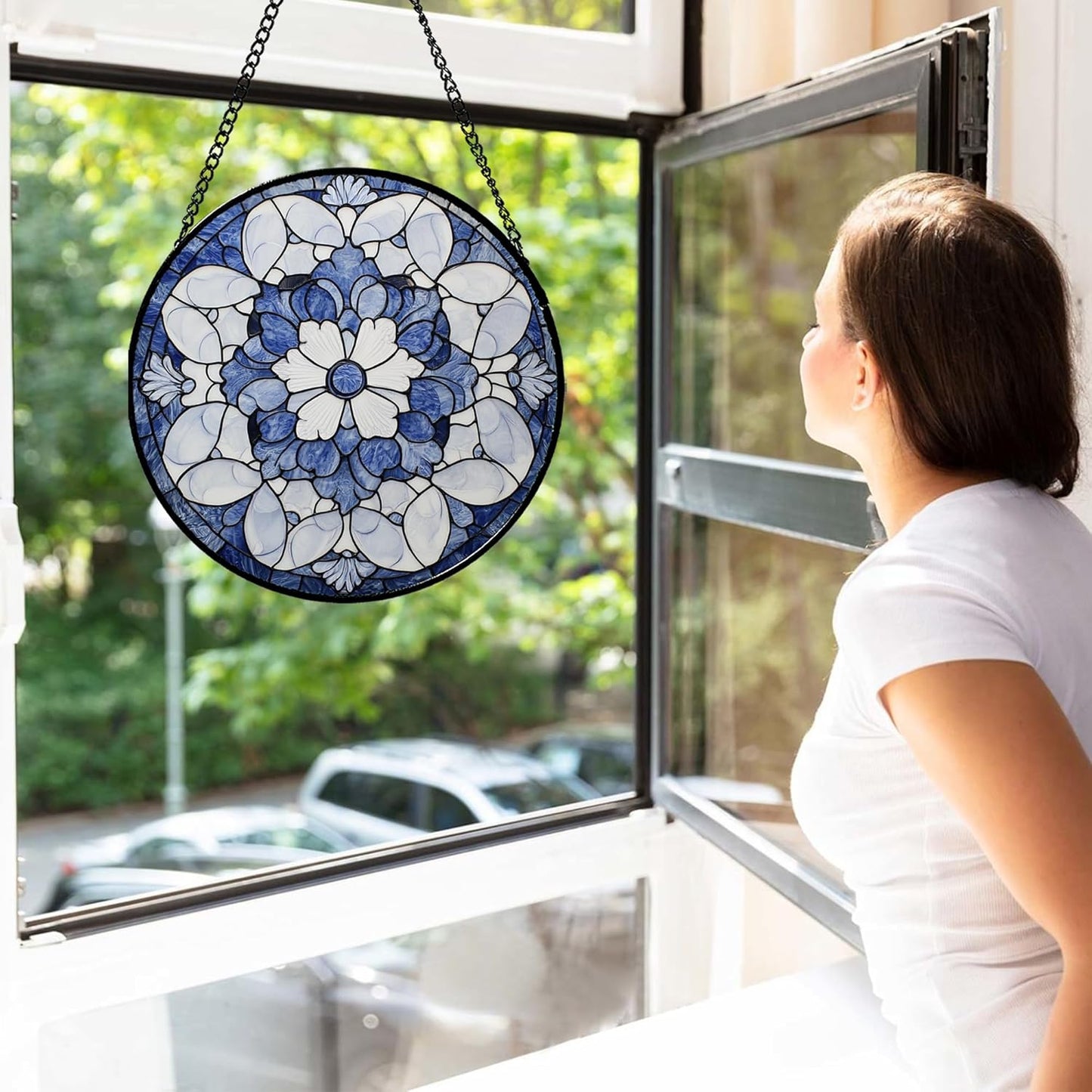 Stained Glass Window Hanging - Blue White Floral Pattern Suncatcher for Doors Garden Retro Sun Catchers Decor Christmas Mother's Day Birthday Gifts for Women Men Mom Nana Friend Girl 7.8 in