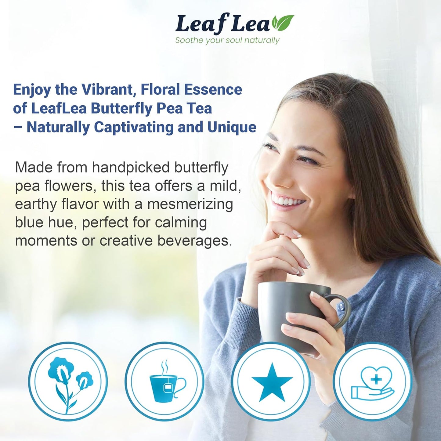 LeafLea 80 Butterfly Pea Flower Tea Bags, Natural Herbal Tea for Blue and Purple Drinks, Mocktails, and Food Coloring, Caffeine-Free, Sugar-Free, Non-GMO, Pack of 2