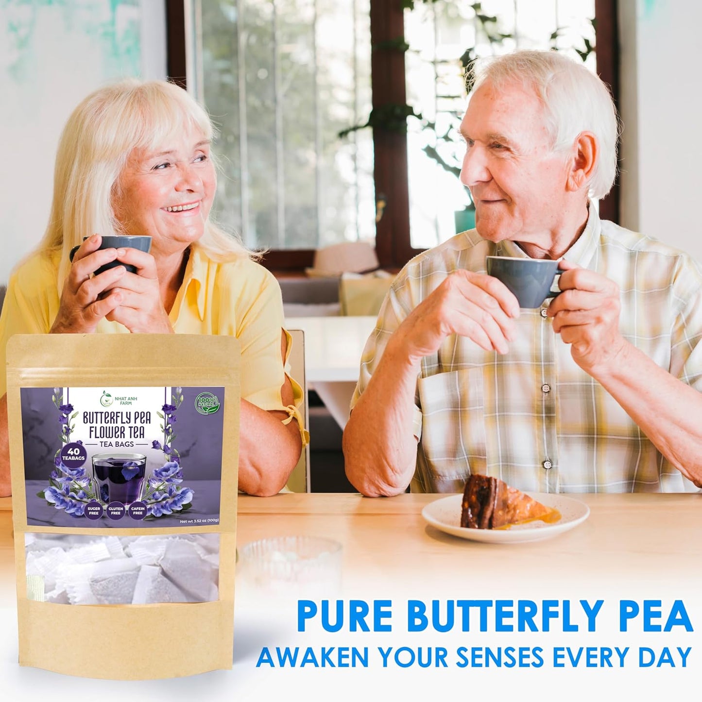 Nhat Anh Farm - Premium Butterfly Pea Tea Bags - Dried Butterfly Pea Flower Tea Bags - 40 Teabags, 2.5g/bag), 100% Natural & Pure/Sugar/Caffeine/Gluten Free. Good For Your Health