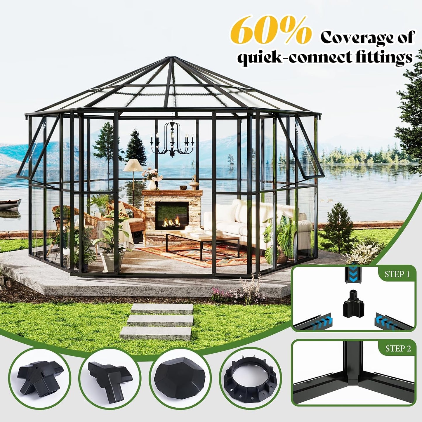 AMERLIFE 12×10×8 ft Hexagonal Outdoor Greenhouse, Aluminum Frame with Quick‑Connectors, 2 Swing Doors, 2 Vents – Walk‑in Garden Structure