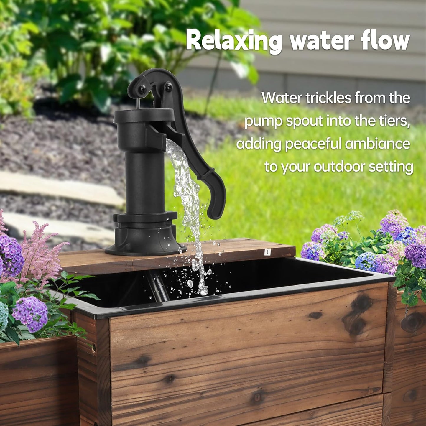 Outdoor Water Fountain,Floor Wooden Rectangular Pump Old-Fashioned Fountain with Flower Box,Electric Decorative Hand Pump, Outdoor Water Feature for Garden Patio Backyard