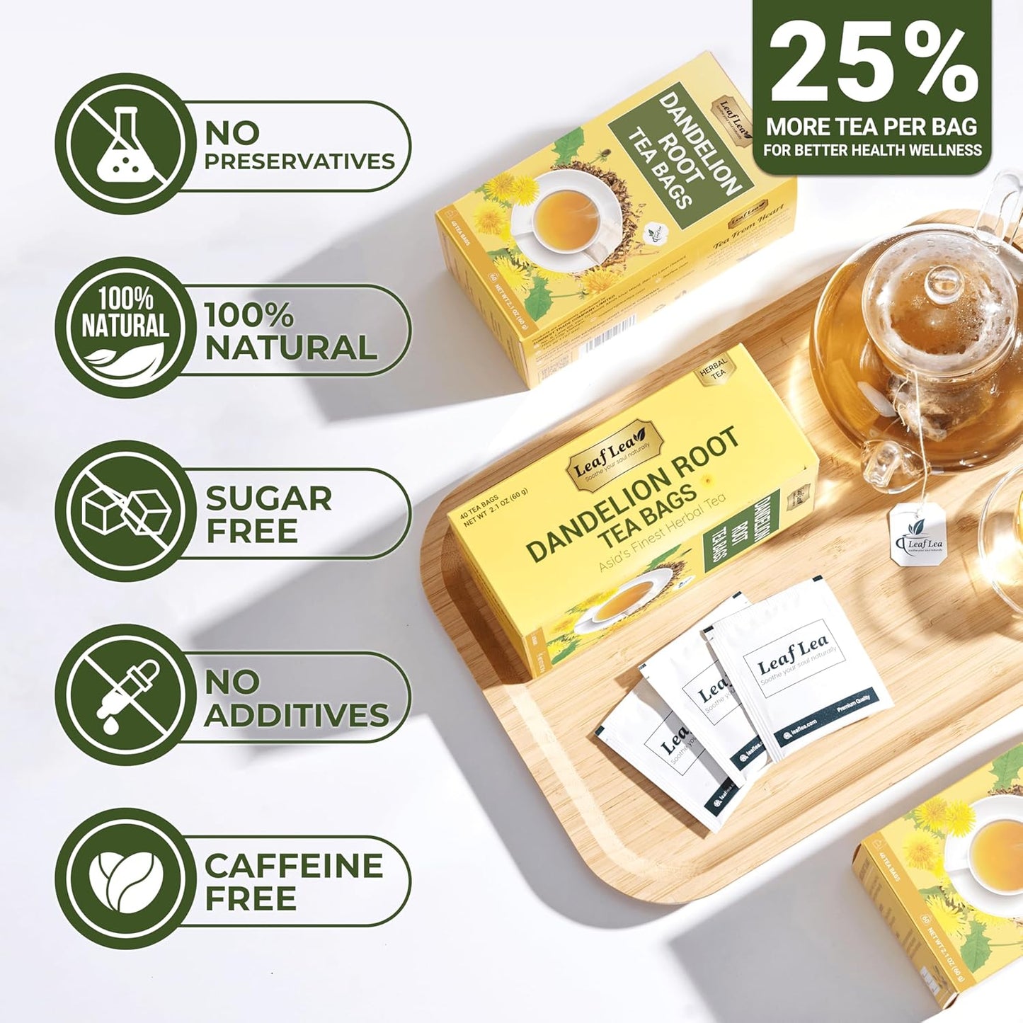 LeafLea 40 Dandelion Root Tea Bags, Dandelion Tea Supports Wellness and a Balanced Lifestyle, 100% Natural & Pure Dandelion Root, Vegan, No Sugar, Caffeine-Free
