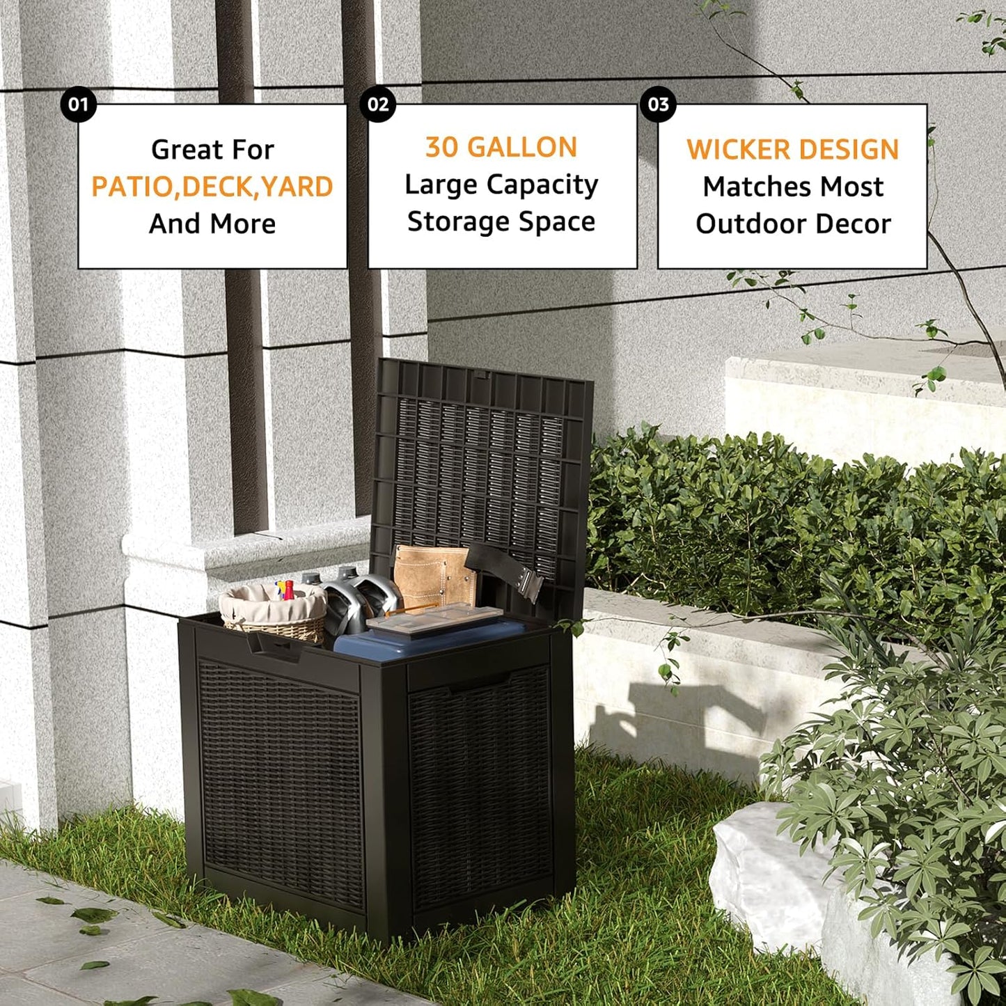 DRATO 31 Gallon Deck Box, Outdoor Storage Box for Patio Cushion, Sports Equipment, Garden Tools, Waterproof Resin Storage Box (Black)