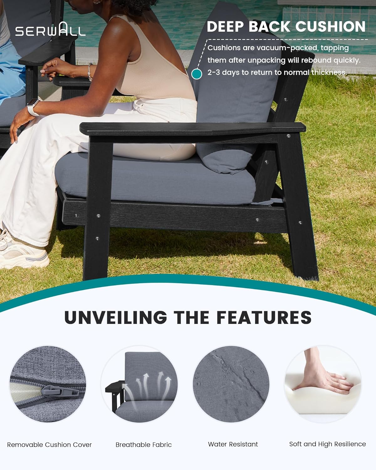 SERWALL Outdoor Loveseat, Black Frame and Grey Cushion