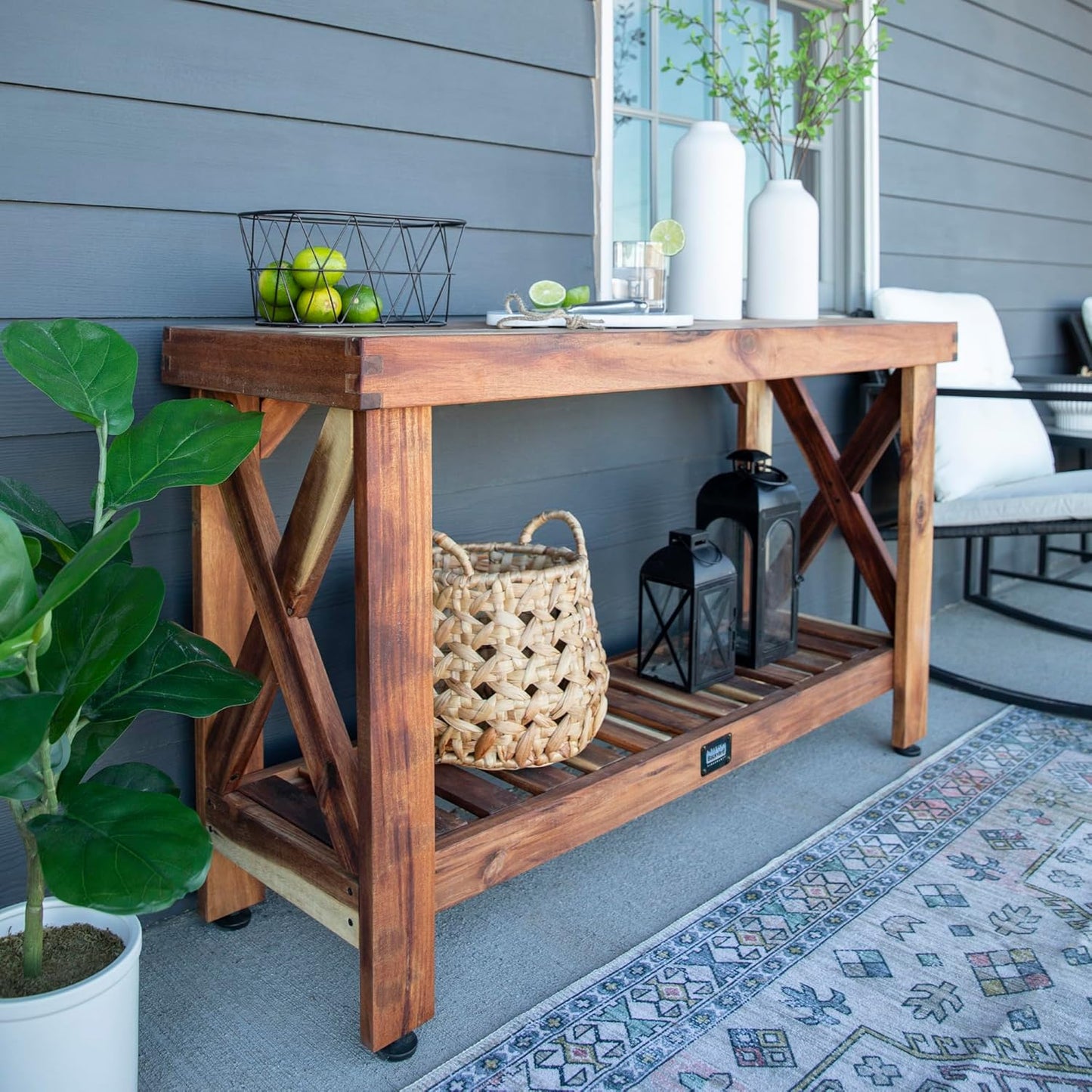 Backyard Discovery 48" Acacia Wood Farmhouse Narrow Console Table with Lower Slat Storage Shelf, Water-Resistant Design for Patio, Deck, Entryway, Living Room, Sofa Table, Indoor or Outdoor Use