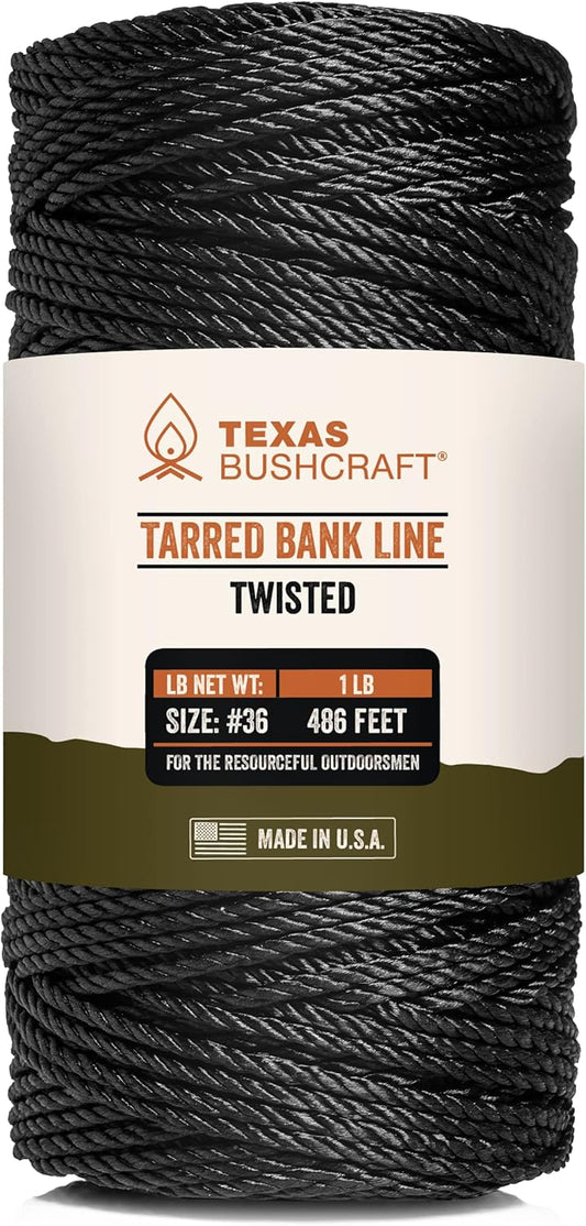Texas Bushcraft Tarred Bank Line Twine - #36 Black Nylon String for Fishing, Camping and Outdoor Survival – Strong, Weather Resistant Bankline Cordage for Trotline