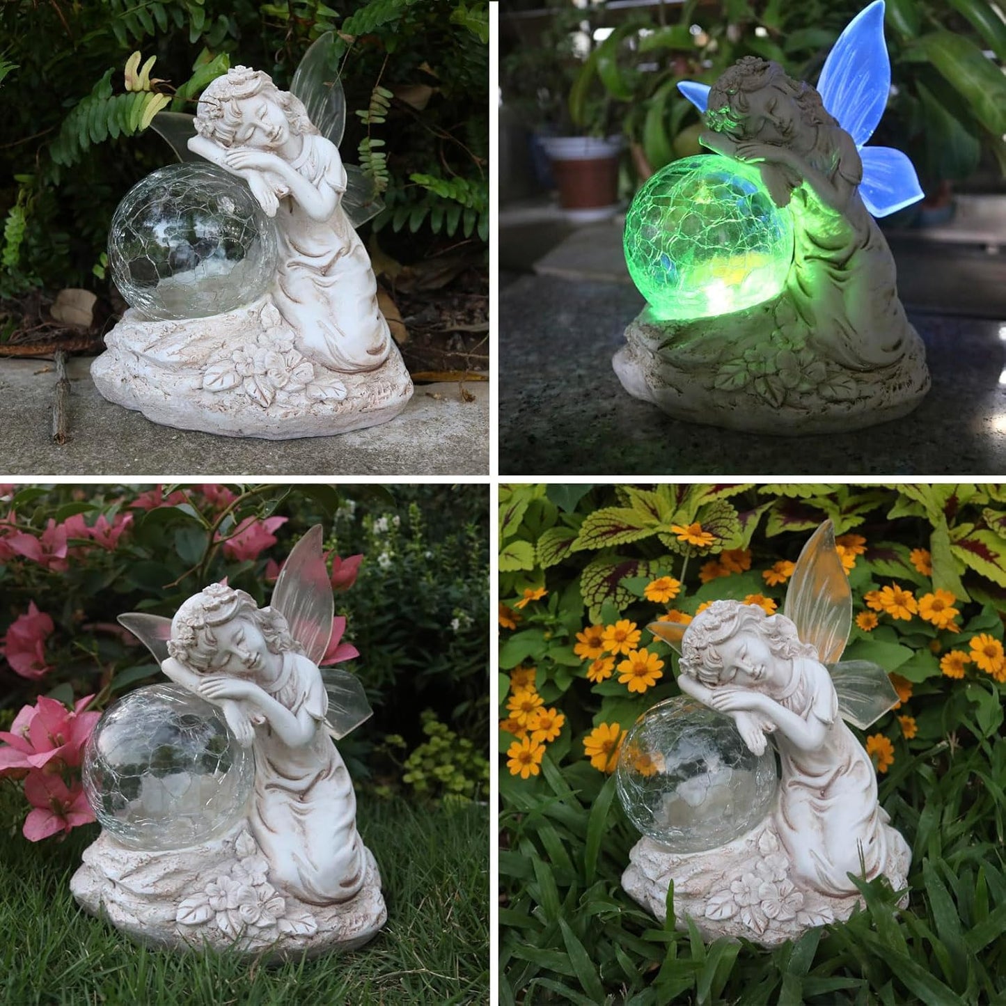 Solar Angel Garden Statue Outdoor Decor with Crackle Glass Globe Color Changing Light Angels Garden Figurines Garden Decor Lawn Ornaments for Patio Yard Lawn