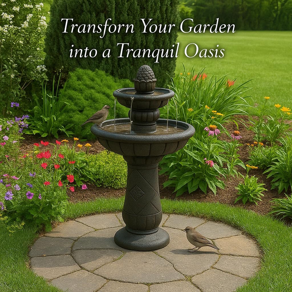 Teamson Home 39" Outdoor Water Fountain, 2 Tier Pineapple Pedestal Waterfall Fountain with Pump, Garden Patio Yard Décor, Durable Polyresin, Weatherproof, Iron Gray