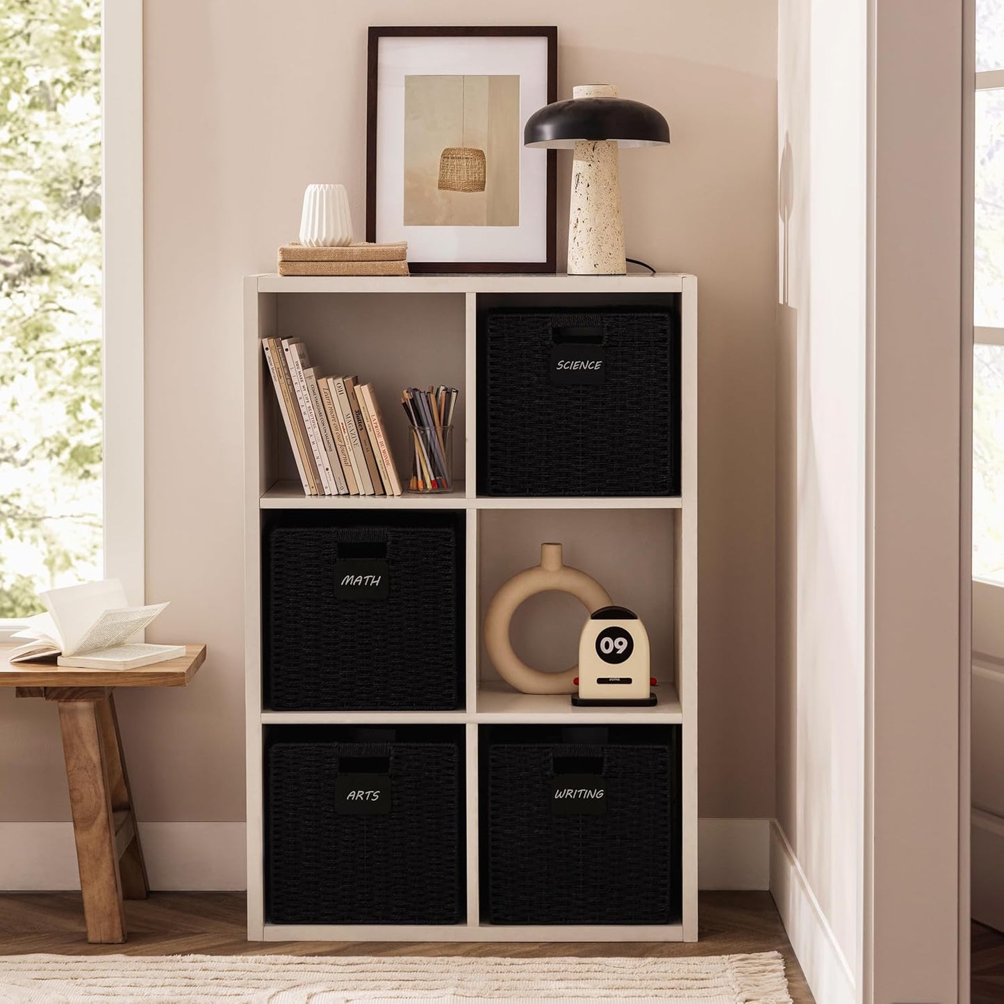 UBBCARE 4 Pack Wicker Basket, 10.5×10.5 Storage Cubes with Label, Foldable Cube Storage Bin with Handle, Square Storage Basket for Shelves, Woven Paper Rope Basket for Organizing, Black