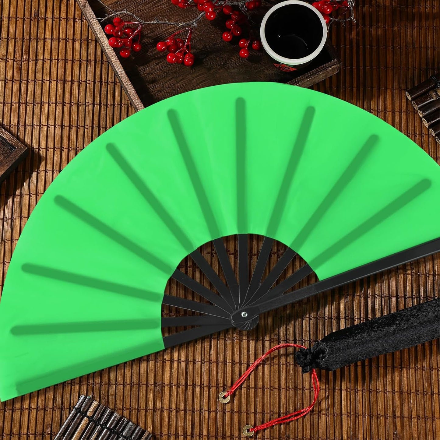 Maitys 4 Packs Large Clap Fans for Line Dancing Large Chinese Folding Hand Fans for Men and Women, Festival, Tai Ji, Kungfu, Martial Art, Gifts (Green)