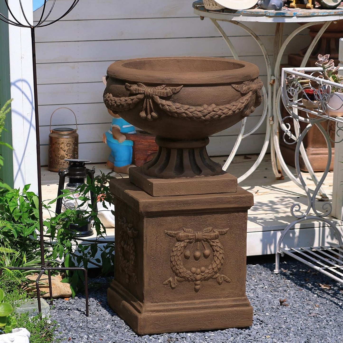 Vintage Garden Urn Planter with Pedestal, Cement and Fiber, Maked Bronze Color, Decorative Leaf Pattern, 30 Inch Height, Wrap Foam Safely Delivered from Local Warehouse (Bronze)