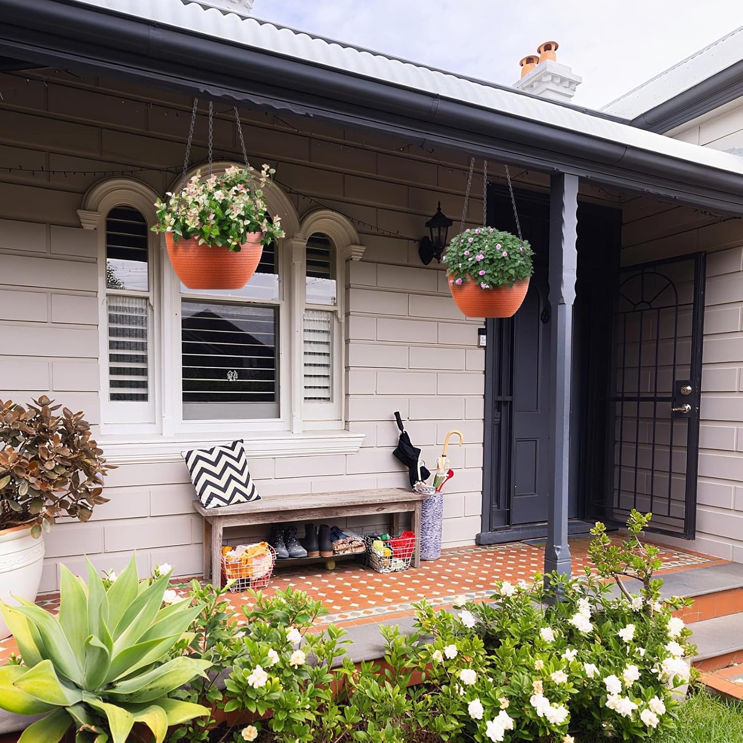 Hanging Planters for Indoor Outdoor Plants, Set of 2 Self Watering Hanging Pots with Drainage Hole & Plug and 20" Chain & Hooks