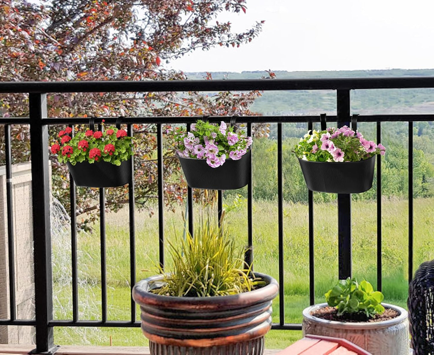 Mkono Metal Railing Planter Box 3 Pack Balcony Hanging Planter for Outdoor Plants with Detachable Hooks and Drain Holes Fence Planters for Any Balcony, Porch or Deck (3, Small)