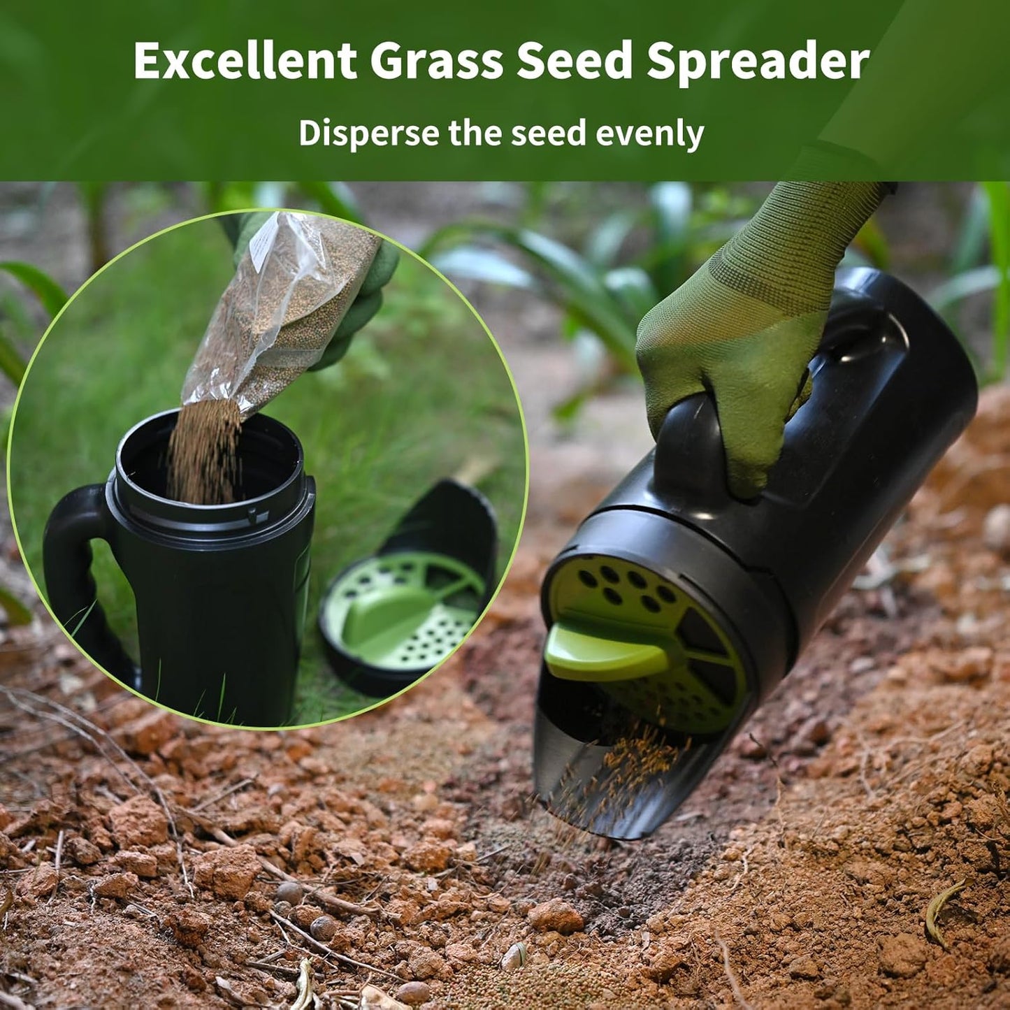 Seed Spreader Hand Held, Hand Spreader Lawn and Garden for Fertilizer Grass Seed Salt Ice Melt Earth Food, Seed Shaker with Multiple Adjustable Opening Sizes for All Purpose, Up to 80 Oz