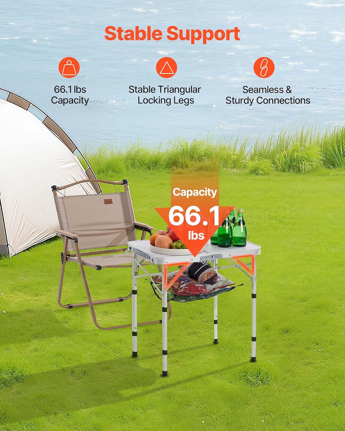 VEVOR Folding Camping Table, Portable Roll Up Side Tables, Lightweight Aluminum Beach Table with Adjustable Height, for Outdoor BBQ Tailgating Picnic, Travel (24 inch-Silver)