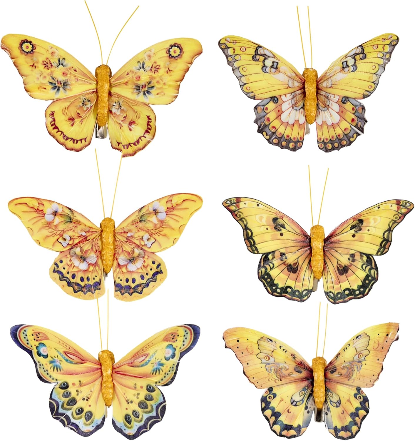 Berfutall-Artificial Feather 3D Butterfly Party Decorations Set of 12 with Clip 6 Color Yellow Series Ornaments for Home Decoration