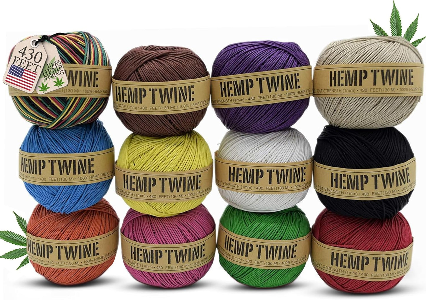 Hemp Twine for Gardening - Twine for Crafts - Organic Natural Hemp String for Jewelry Making - Strong Durable Cord for Decoration, Macrame + Cooking - 1MM, 100G/430 Ft. - 20 lb. Test Strength - 12 Pk