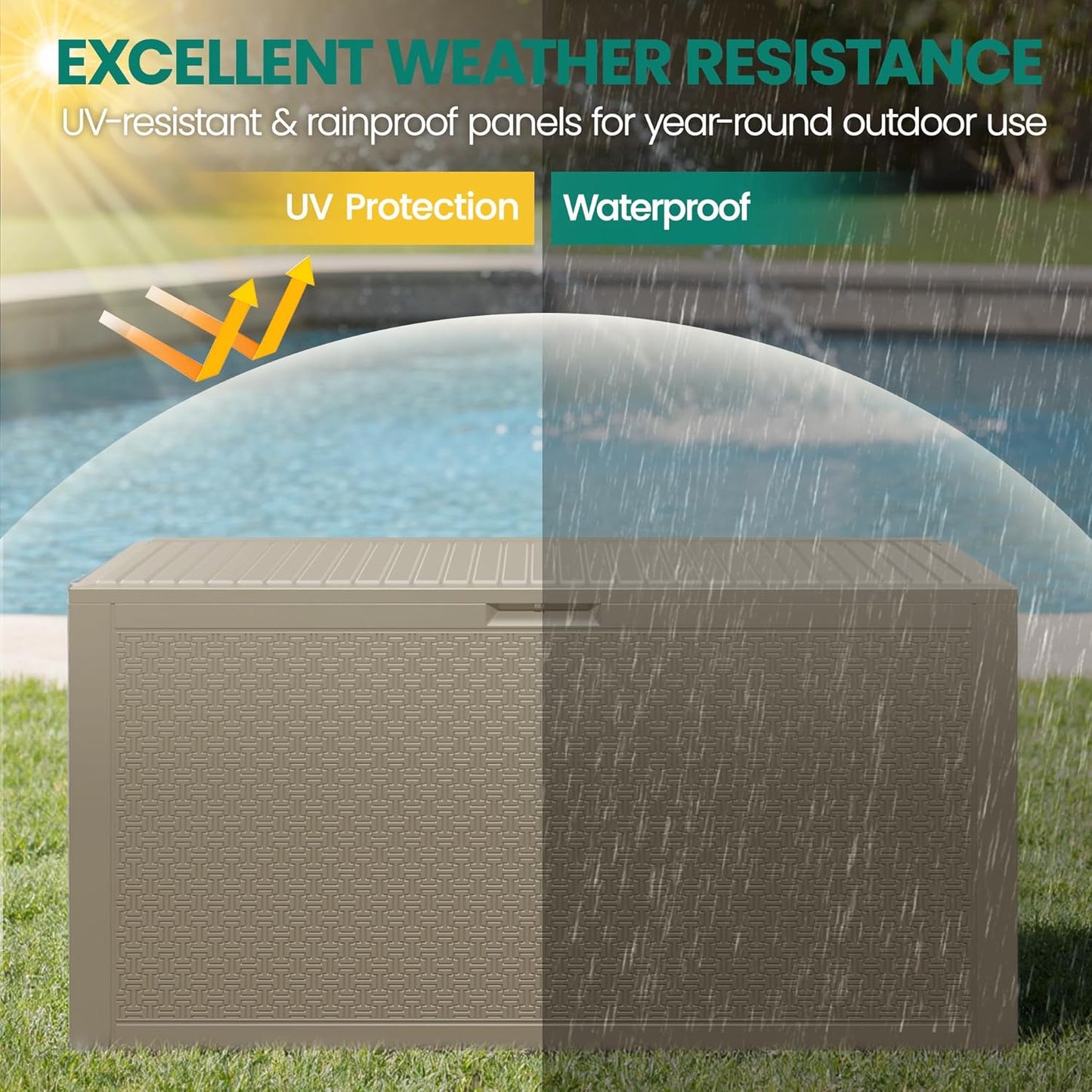 90 Gallon Outdoor Deck Box, Waterproof Outdoor Storage Box, Durable Resin Bin for Patio Cushions, Garden Tools and Pool Accessories, Lockable with UV Protection, Khaki, Patio Furniture