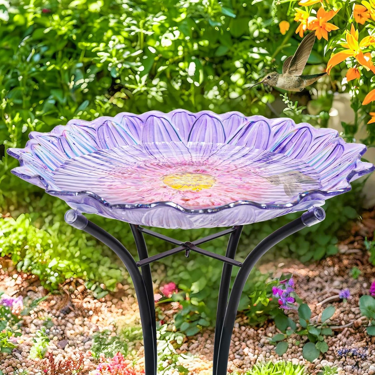 MUMTOP Outdoor Glass Birdbath with Metal Stand for Outside Yard Garden Decor, 18 inch Diameter Purple Bird Baths Bowl for Outdoors, 21 inch Height